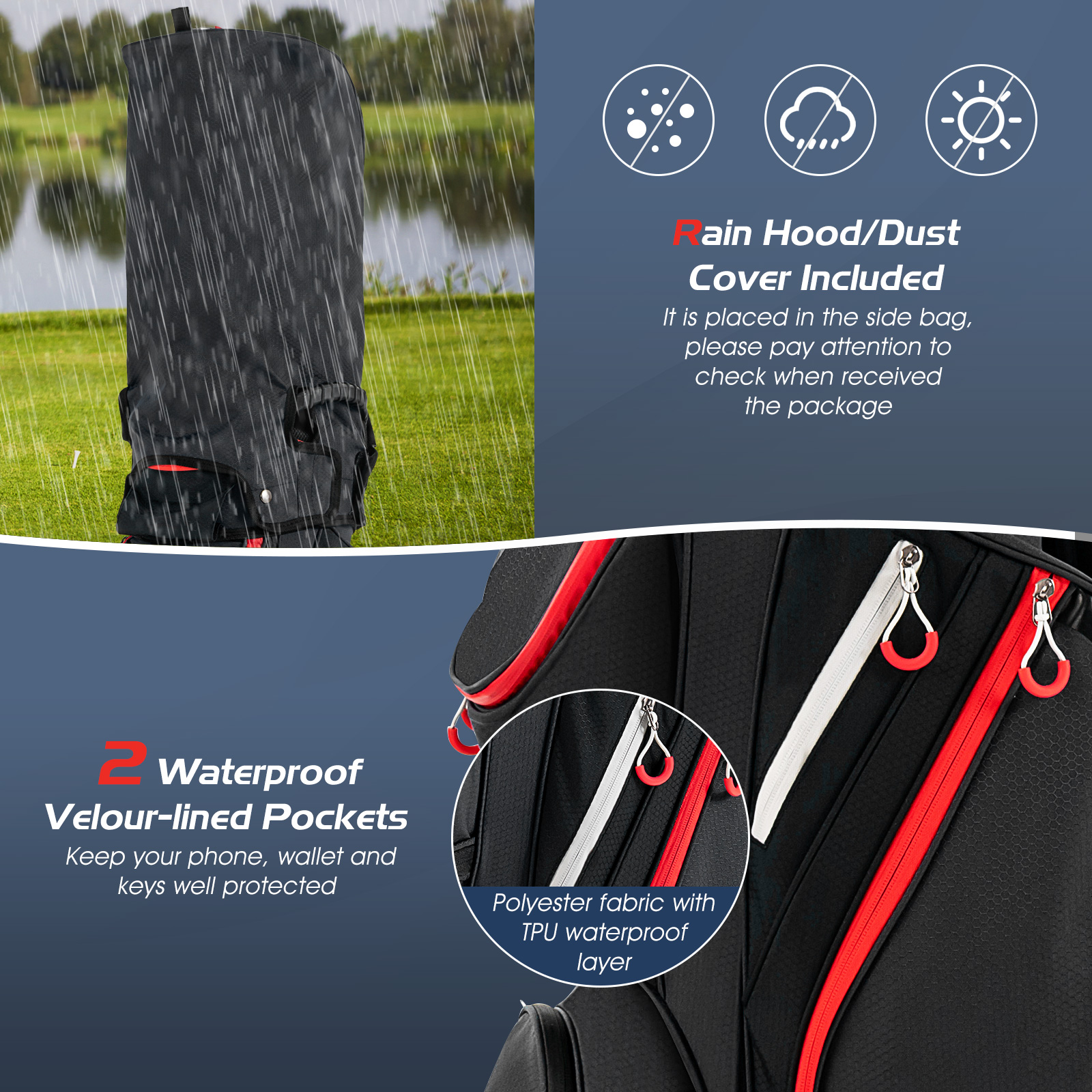 14-Way Golf Cart Bag w/ 8 Zippered Pockets & 8 Pockets Rain Hood - Picture 15 of 16