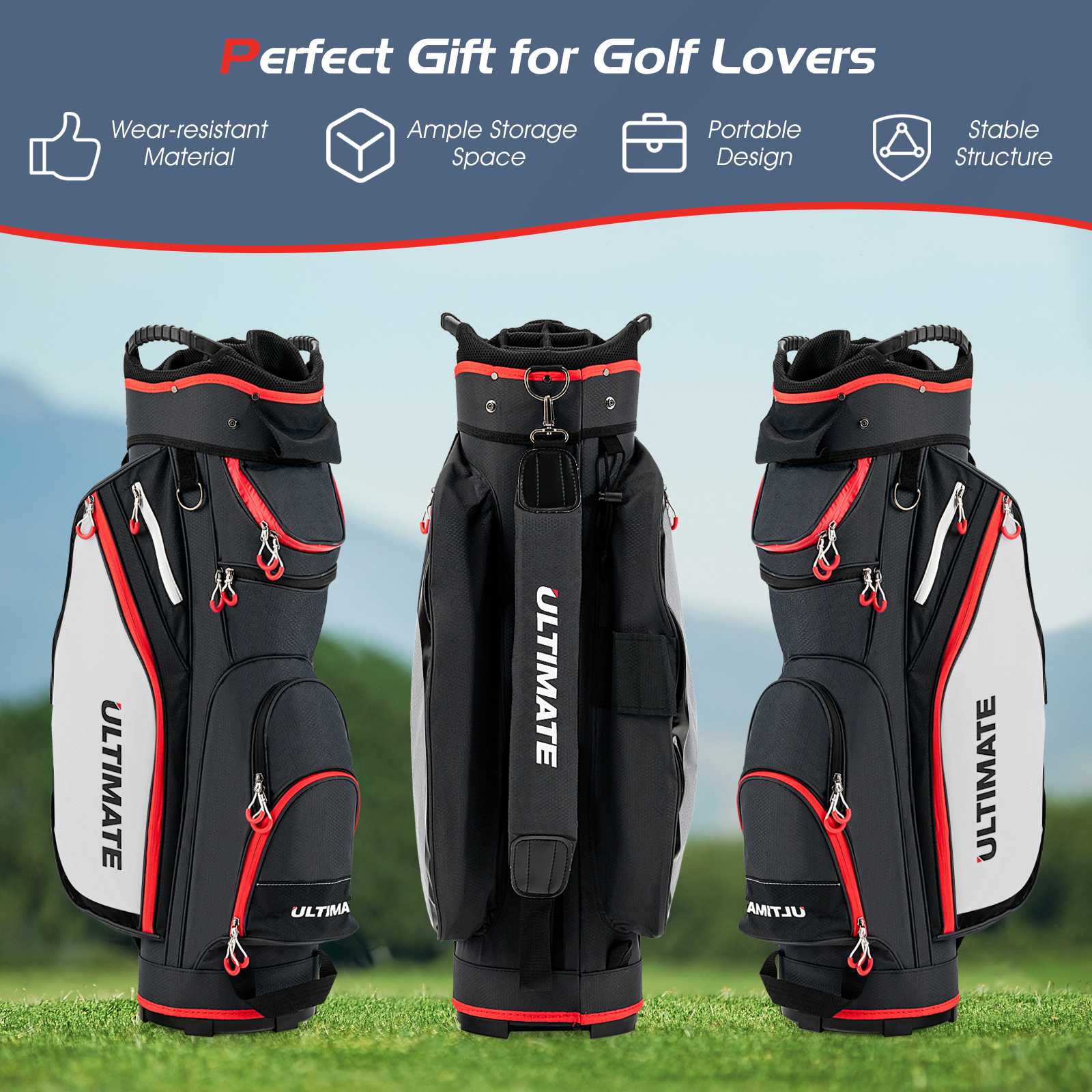 14-Way Golf Cart Bag w/ 8 Zippered Pockets & 8 Pockets Rain Hood - Picture 13 of 16