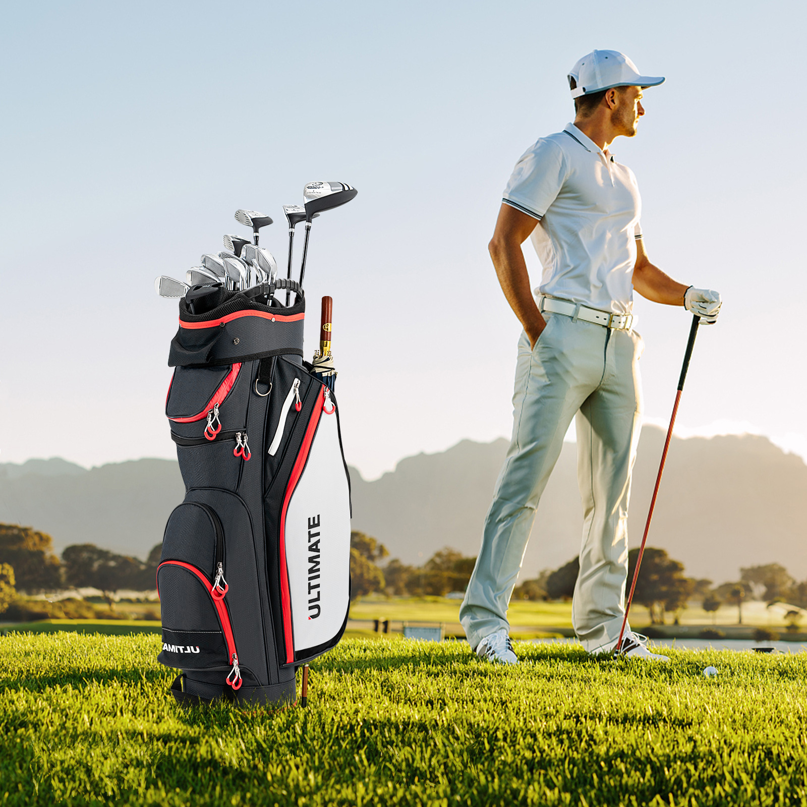 14-Way Golf Cart Bag w/ 8 Zippered Pockets & 8 Pockets Rain Hood - Picture 11 of 16