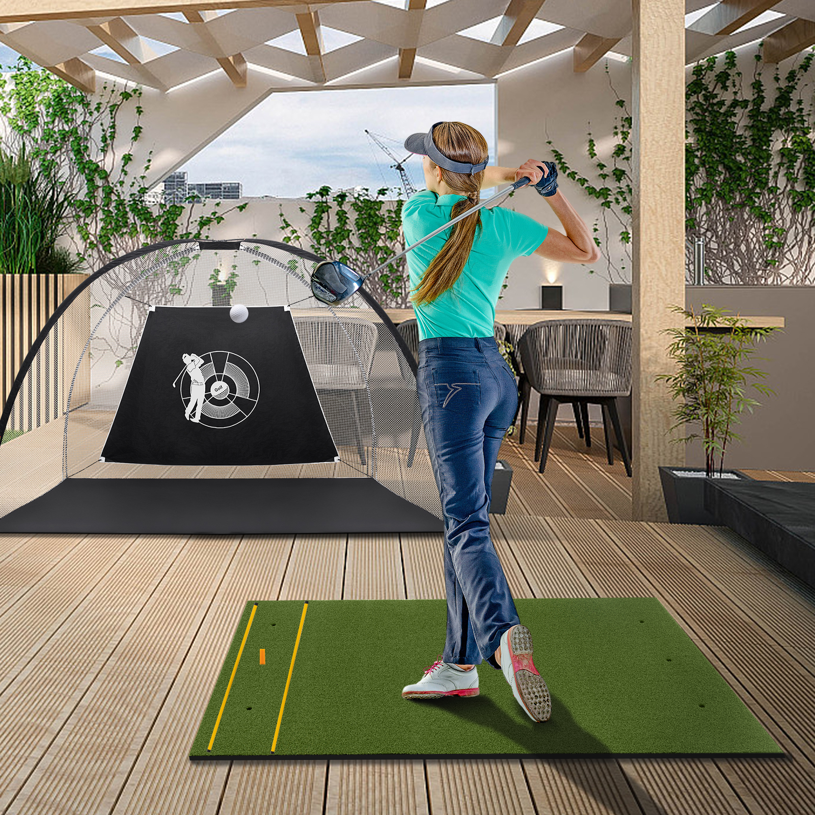 Alfombra de golf césped artificial práctica interior exterior con 2 camisetas de goma - Imagen 38 de 68