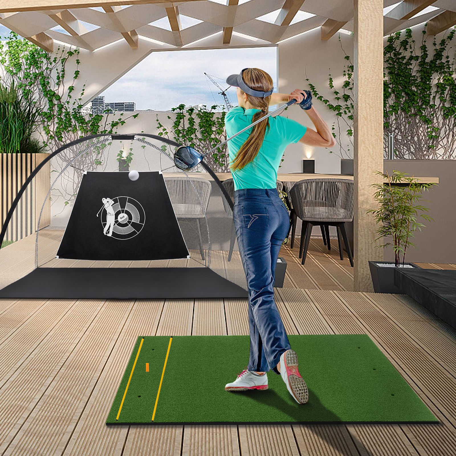 Alfombra de golf césped artificial práctica interior exterior con 2 camisetas de goma - Imagen 48 de 68