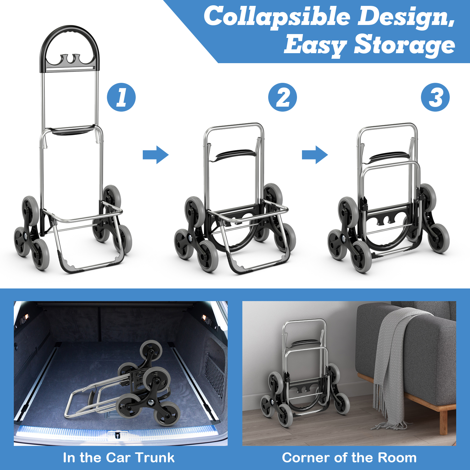 Carrello della Spesa Arrampicata Scale Pieghevole Utility Camion Manuale con Borsa e Manico Rimovibili - Foto 11 di 14