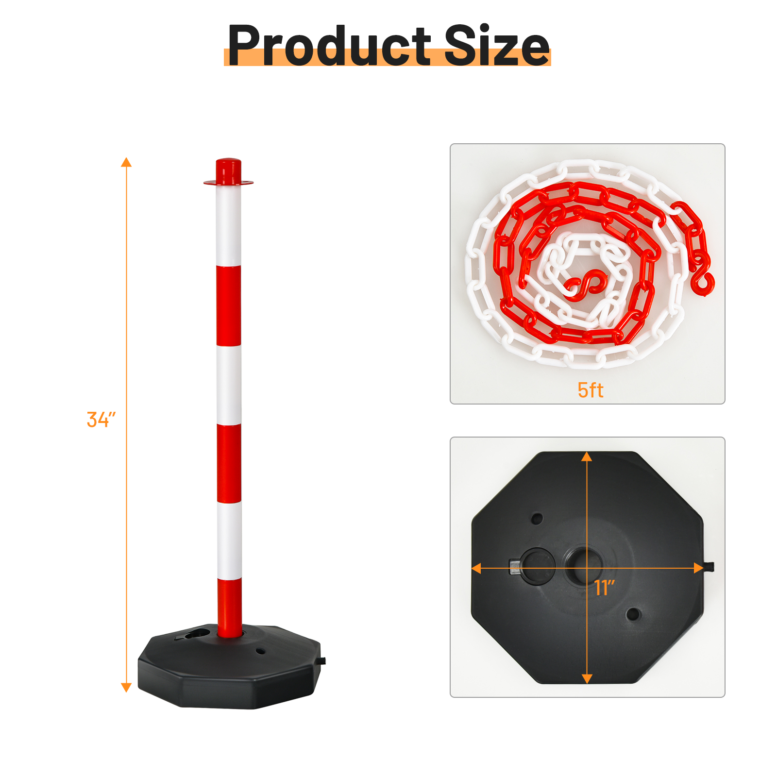 Paquete de 6 postes delineador de tráfico barrera de 34" con cadenas base rellenable de 5 pies - Imagen 10 de 12