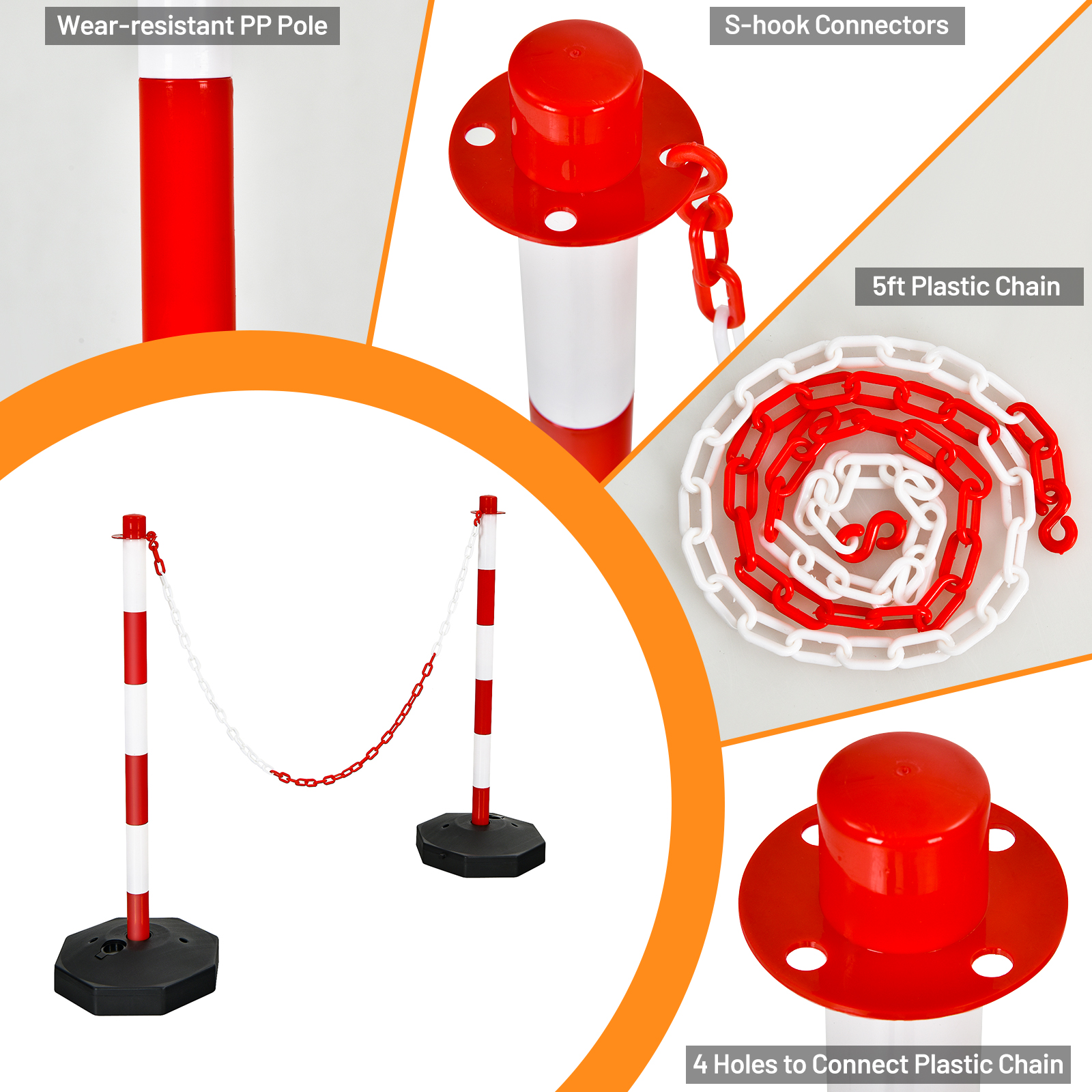 Paquete de 6 postes delineador de tráfico barrera de 34" con cadenas base rellenable de 5 pies - Imagen 8 de 12