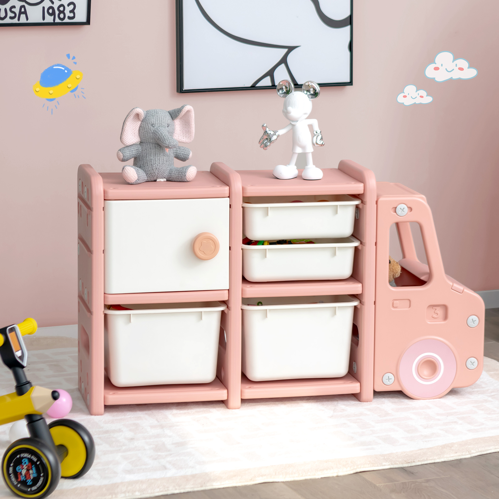 Kids Toy Storage Organizer Toddler Playroom Furniture w/ 2 Large Bins & Drawers - Picture 21 of 22