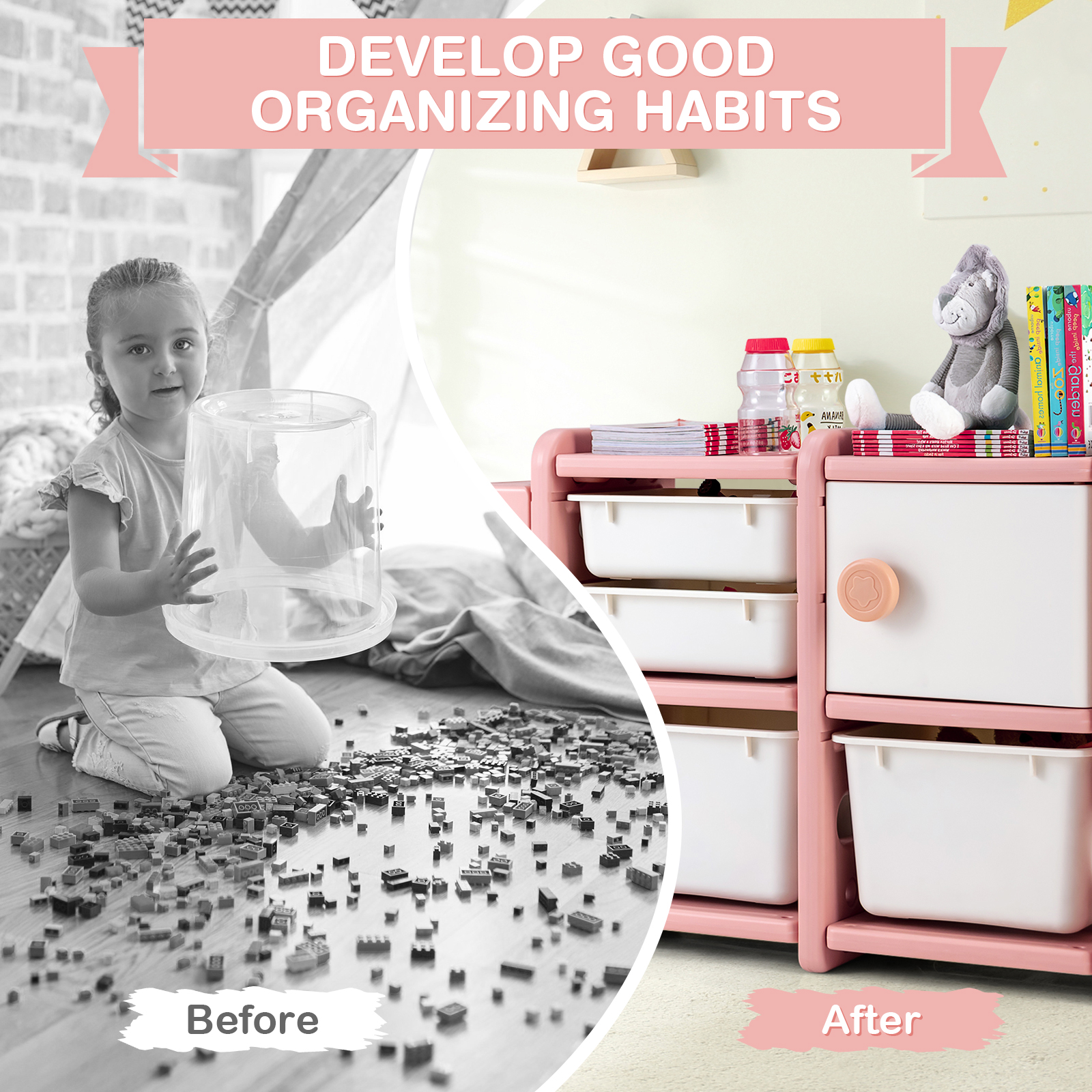Kids Toy Storage Organizer Toddler Playroom Furniture w/ 2 Large Bins & Drawers - Picture 18 of 22