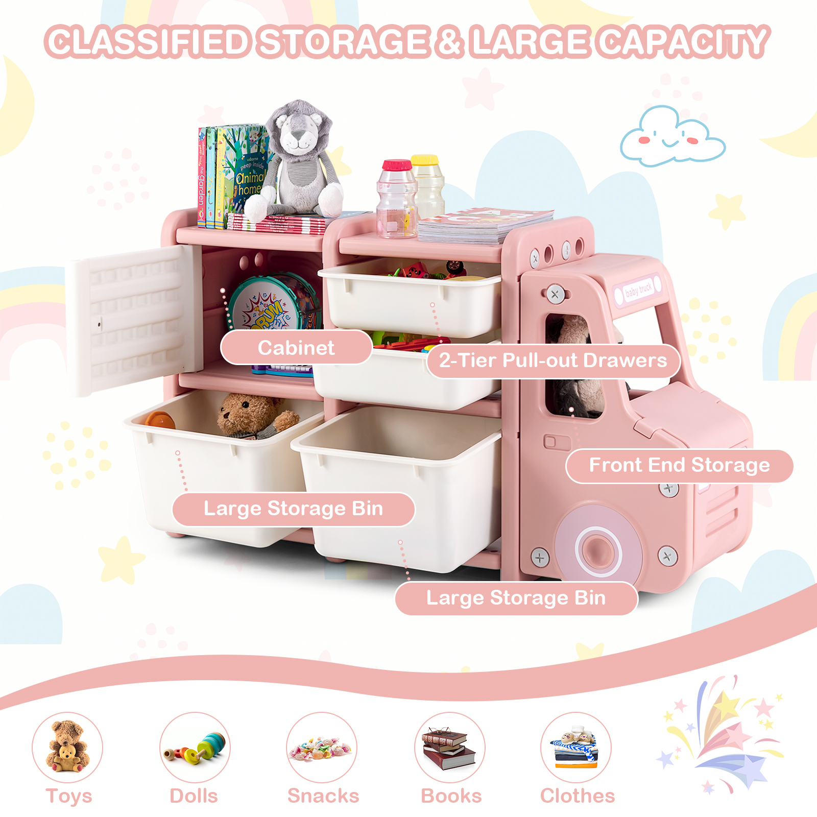 Kids Toy Storage Organizer Toddler Playroom Furniture w/ 2 Large Bins & Drawers - Picture 19 of 22