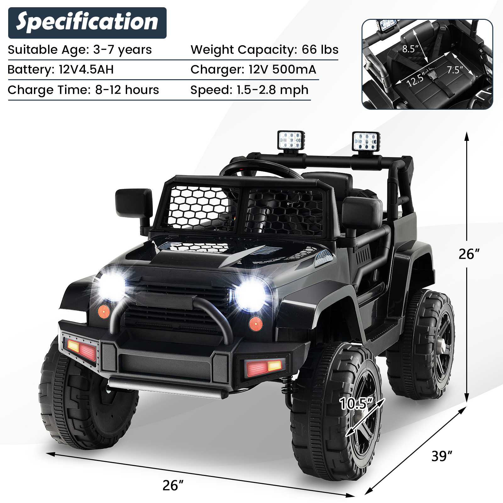 12V Kids Ride On Truck Car Electric Vehicle Remote w/ Light & Music Black - Picture 2 of 8