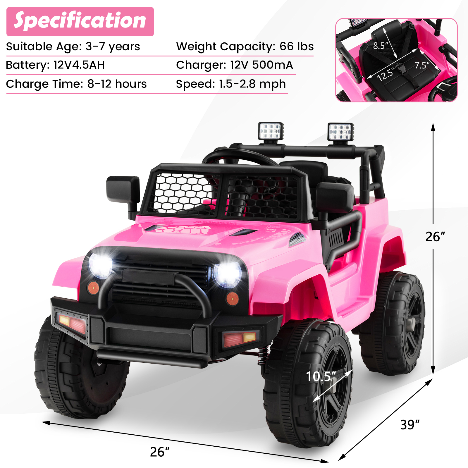12V Kids Ride On Truck Car Electric Vehicle Remote w/ Light & Music Pink - Picture 2 of 8