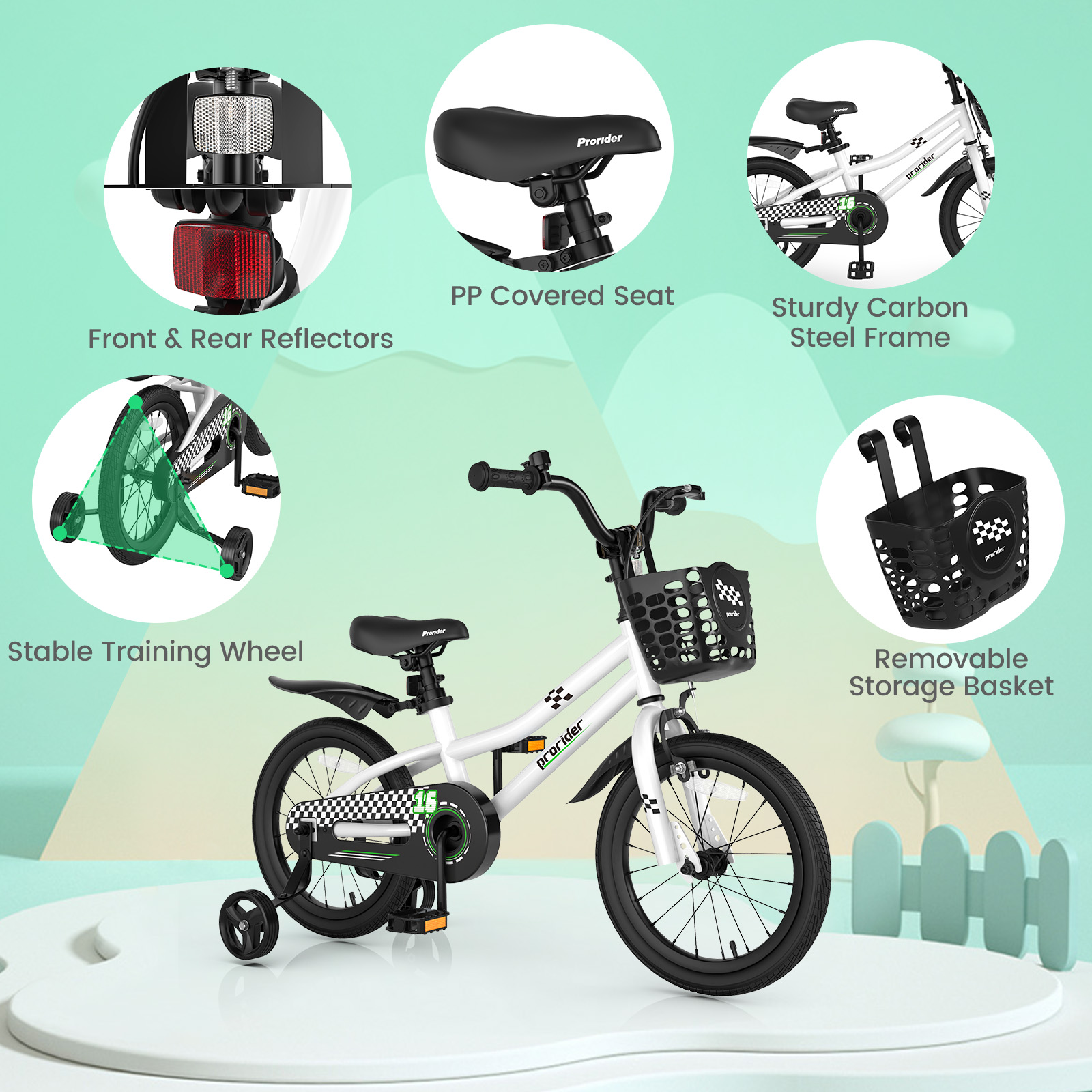 Kid&rsquo;s 16" Bike w/Removable Training Wheels & Basket for 4-7 Years Old White