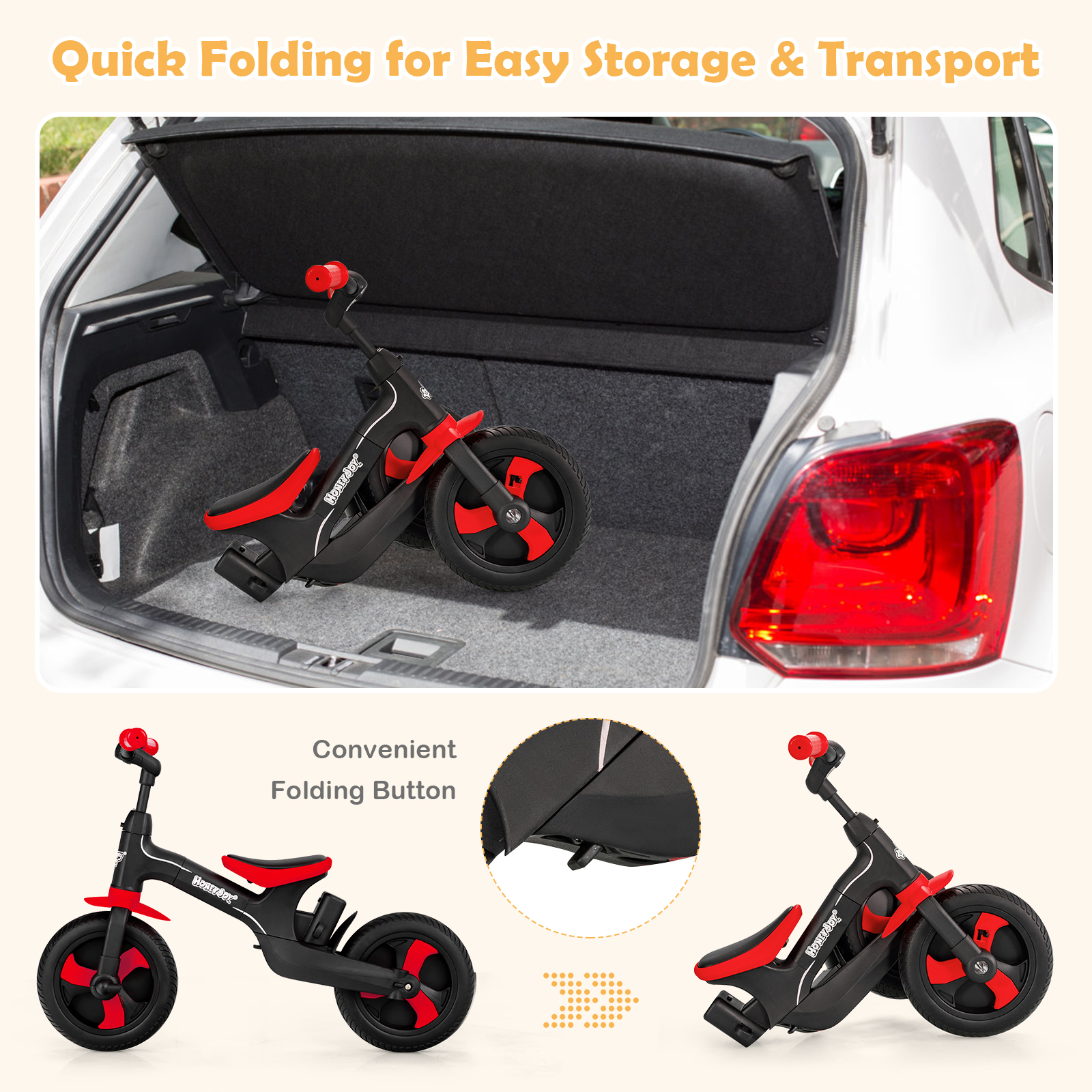 5-in-1 Kids Bicycle Foldable Toddler Balance Bike W/ Detachable Push Handle
