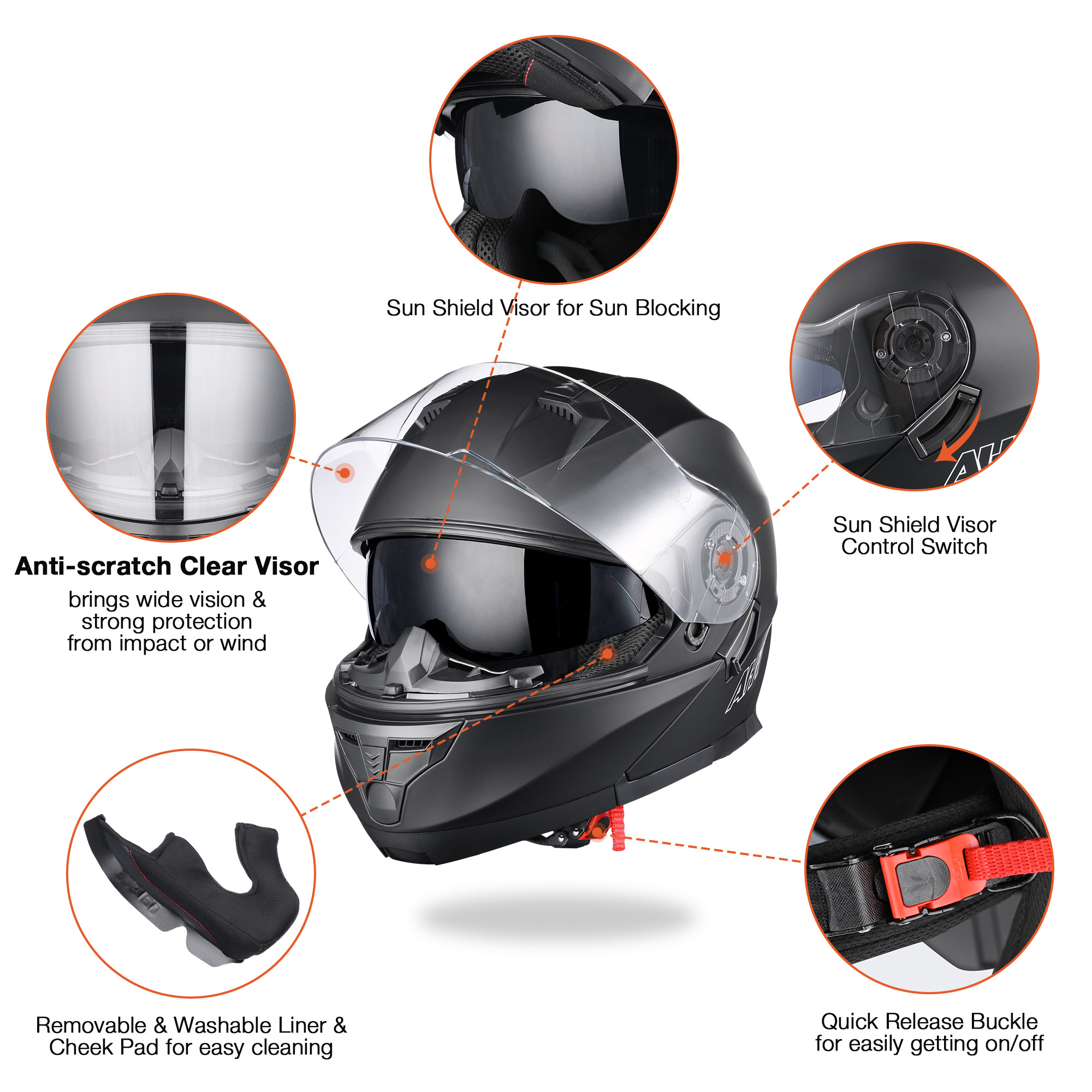 AHR RUN-M3 Modular Flip Up Helmet Full Face Dual Visor DOT Motorcycle Bike - Bild 18 von 20