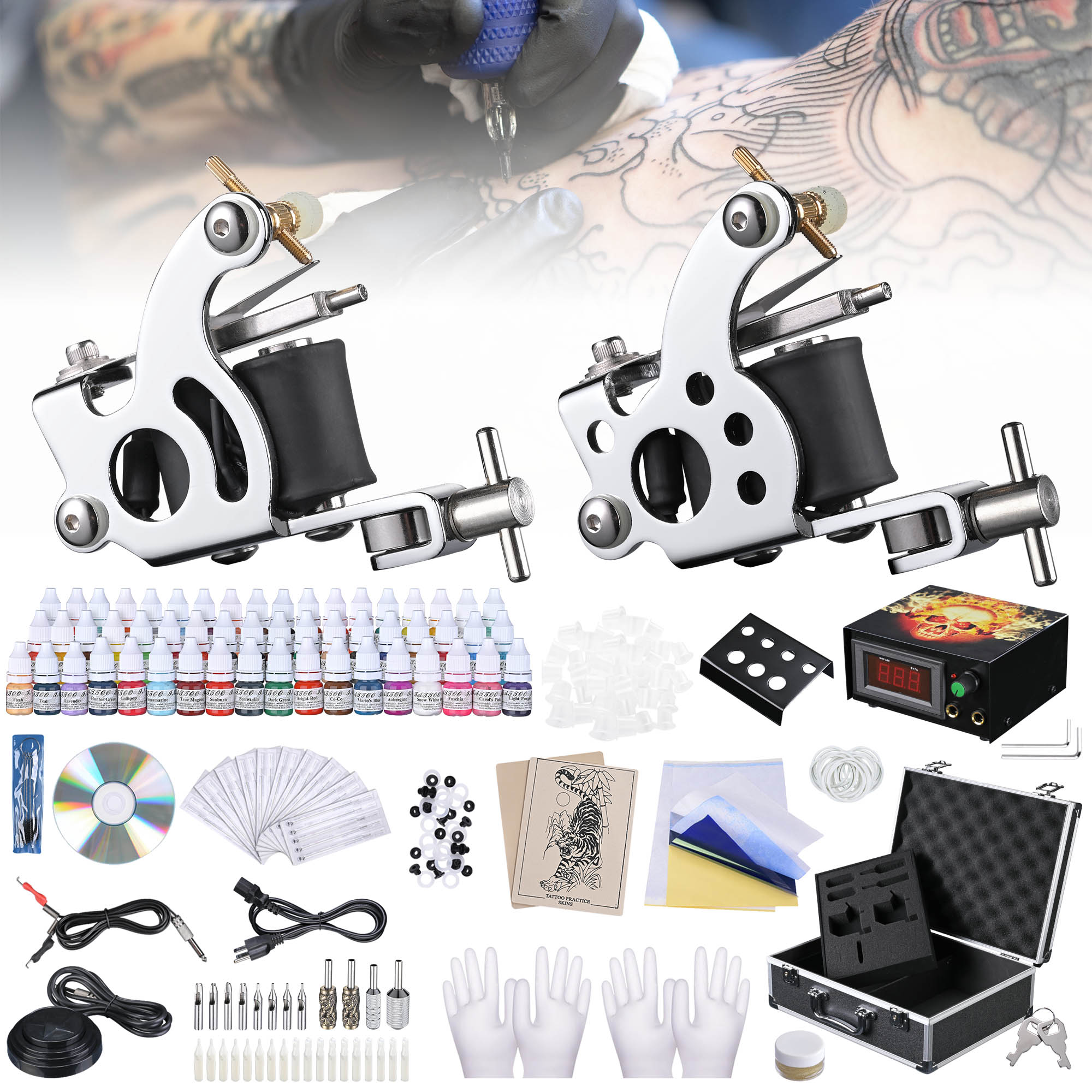 Complete Tattoo Kit 54 Ink 2 Machine Guns LCD Power Supply Needles