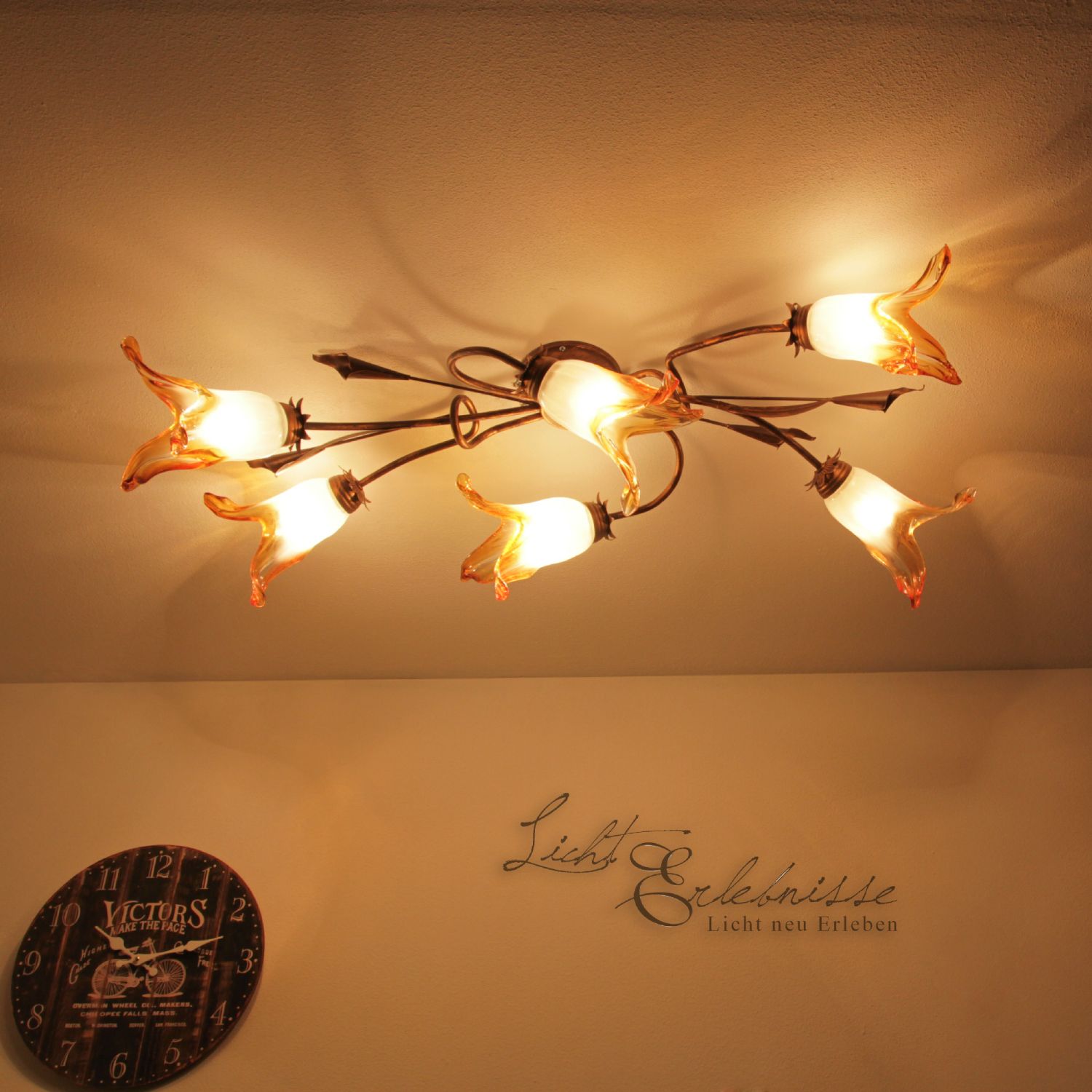 Florale Deckenleuchte gold braun Landhaus B:92cm 6-flmg Blüten