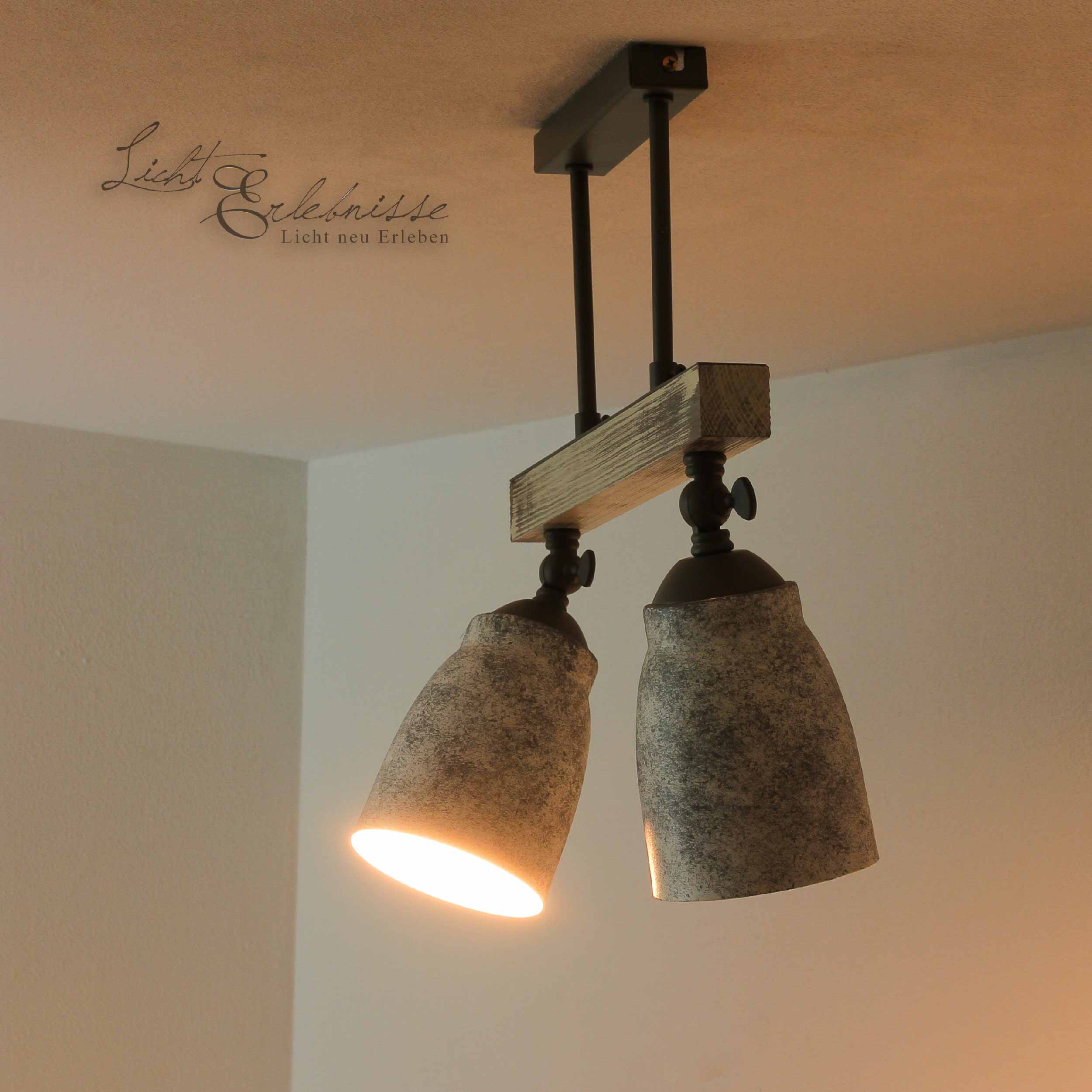Edle Decken Lampe Holz Shabby Weiß Taupe Metall verstellbar 2xE27 Ø12cm