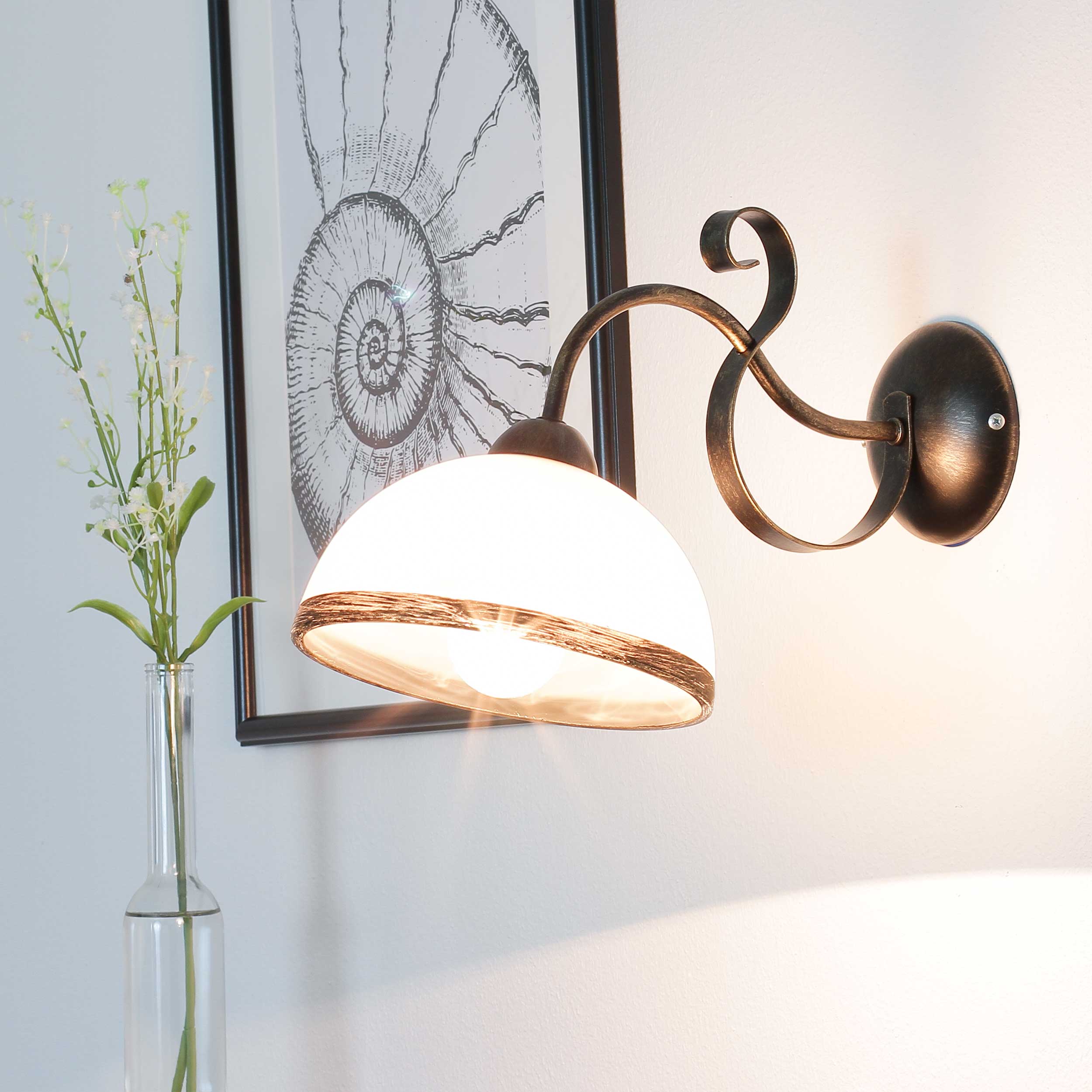 Wandleuchte in Messing E27 Rustikal Wandlampe Flur Glas innen NEU