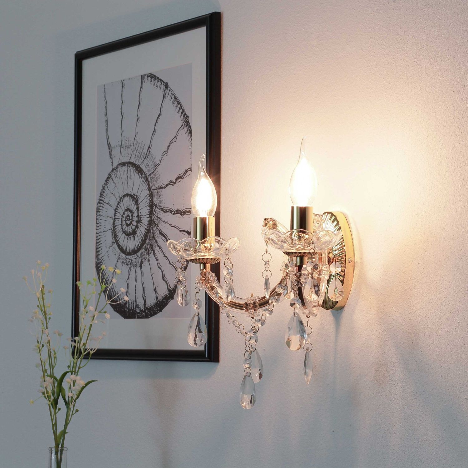 Glanzvolle klassische Wandleuchte in Gelb Gold Kristall 2x E14 innen