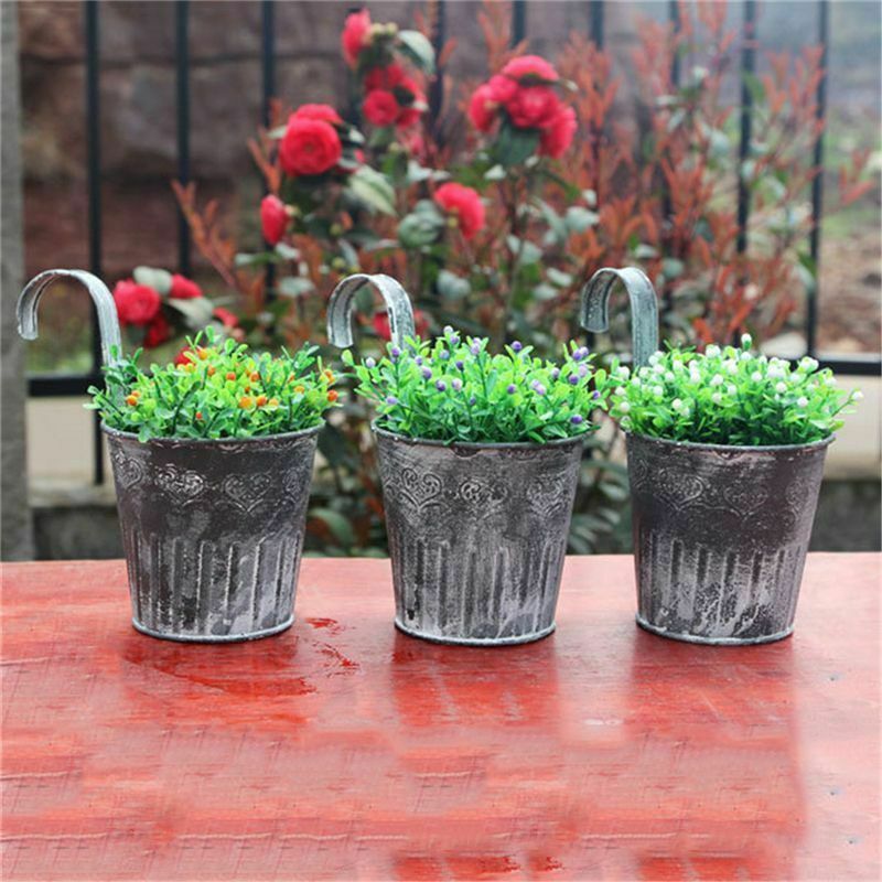 Metal Flower Pots Wall Hanging Tin Baskets Bucket Plant Herb Planter Lovely~