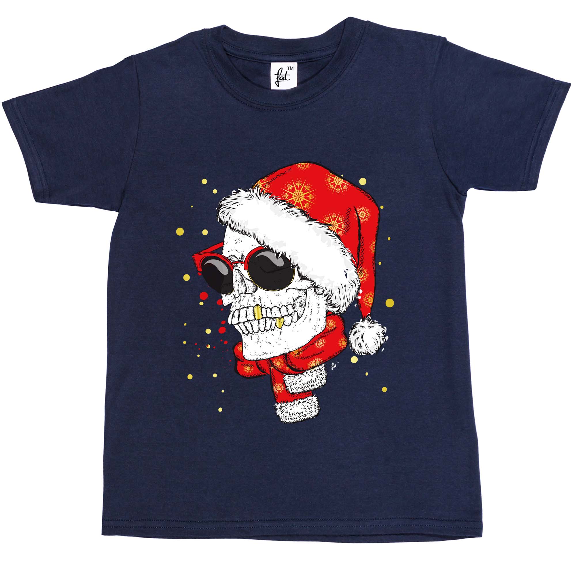 Totenkopf trägt Weihnachtsmütze & Schal lächelnde goldene Zähne Kinder Jungen/Mädchen T-Shirt - Bild 7 von 16