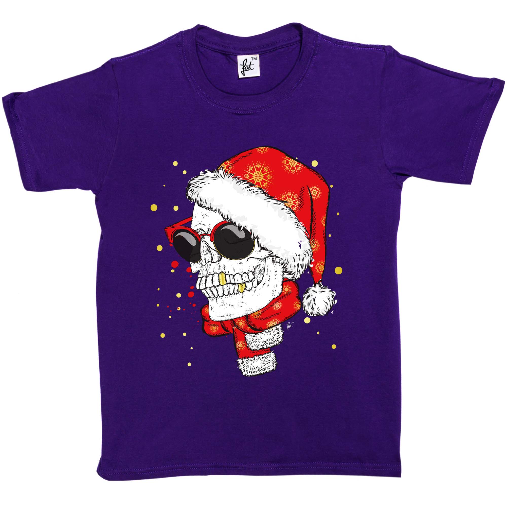 Totenkopf trägt Weihnachtsmütze & Schal lächelnde goldene Zähne Kinder Jungen/Mädchen T-Shirt - Bild 9 von 16