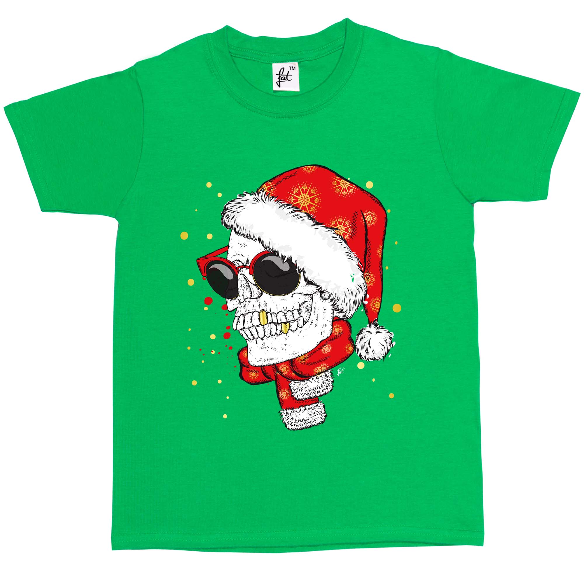 Totenkopf trägt Weihnachtsmütze & Schal lächelnde goldene Zähne Kinder Jungen/Mädchen T-Shirt - Bild 5 von 16