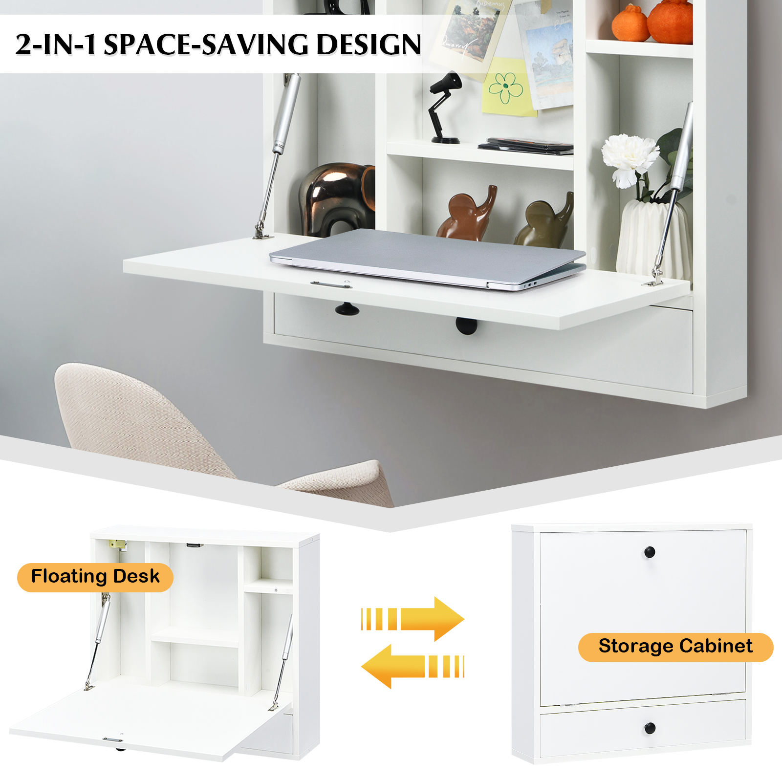 Wall-Mount Floating Desk Foldable Space Saving Laptop Workstation Home - Picture 14 of 18