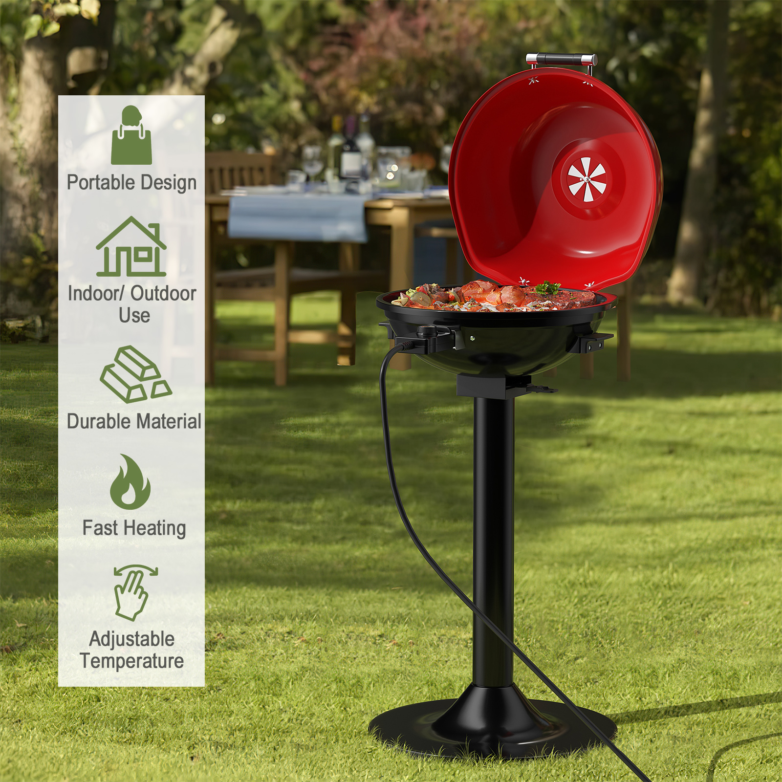 Parrilla de barbacoa eléctrica portátil de 1600 W con bandeja de recogida de aceite y ventilación de aire ajustable - Imagen 14 de 20