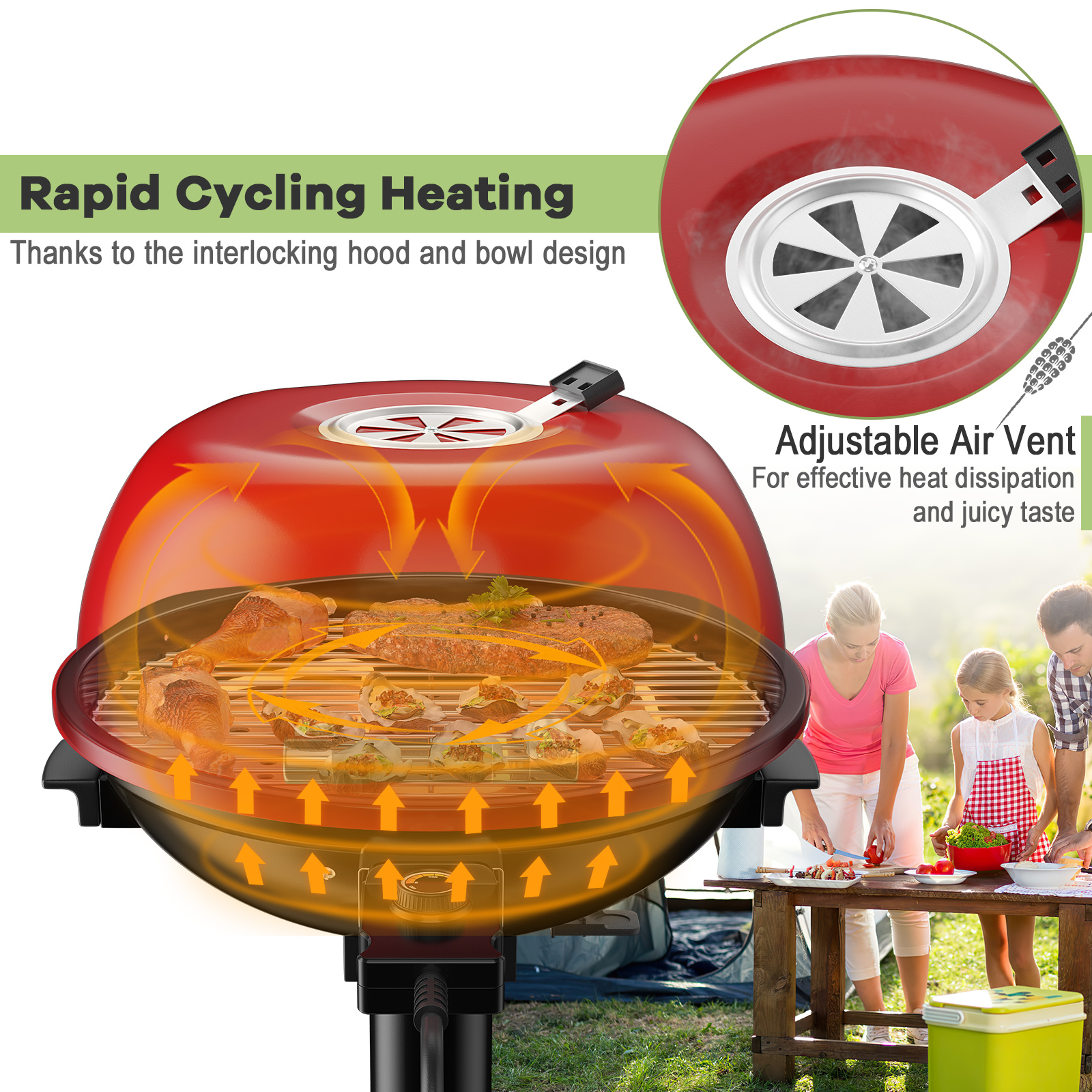 Parrilla de barbacoa eléctrica portátil de 1600 W con bandeja de recogida de aceite y ventilación de aire ajustable - Imagen 16 de 20