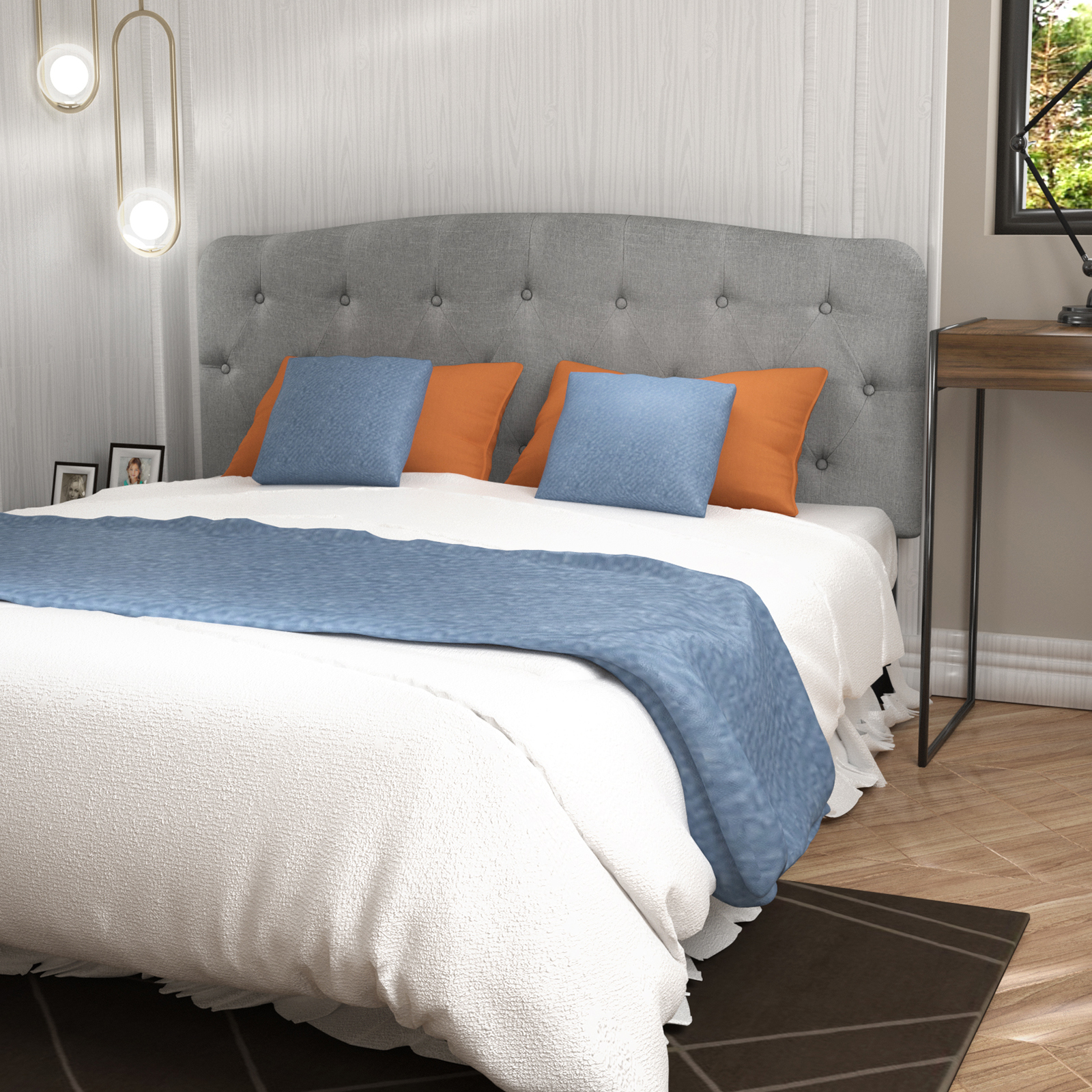 Full Size Upholstered Headboard Only Adjust Button Tufted Faux Linen Light Grey - Picture 5 of 11