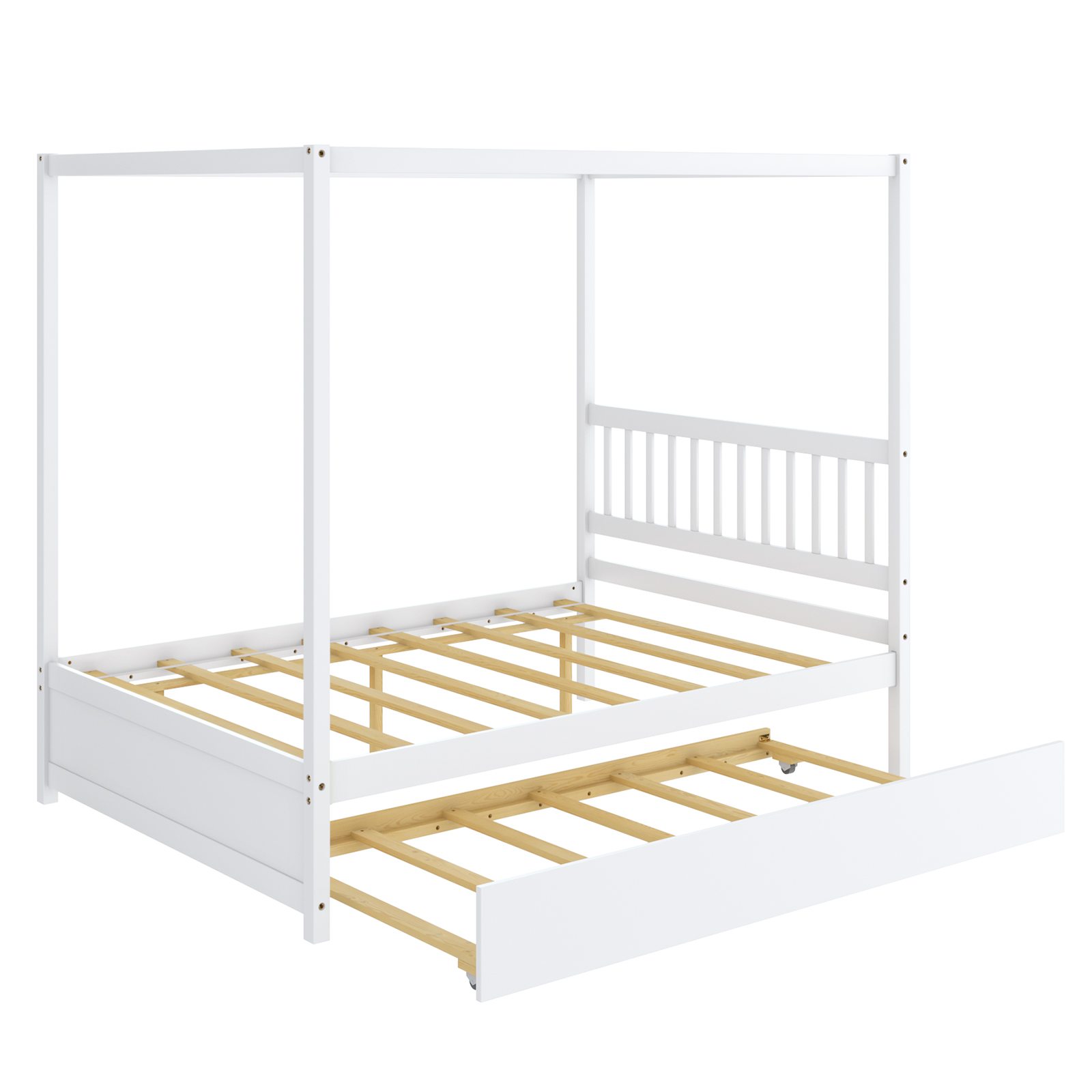 Full Size Canopy Bed w/Trundle Wooden Platform Bed Frame Headboard