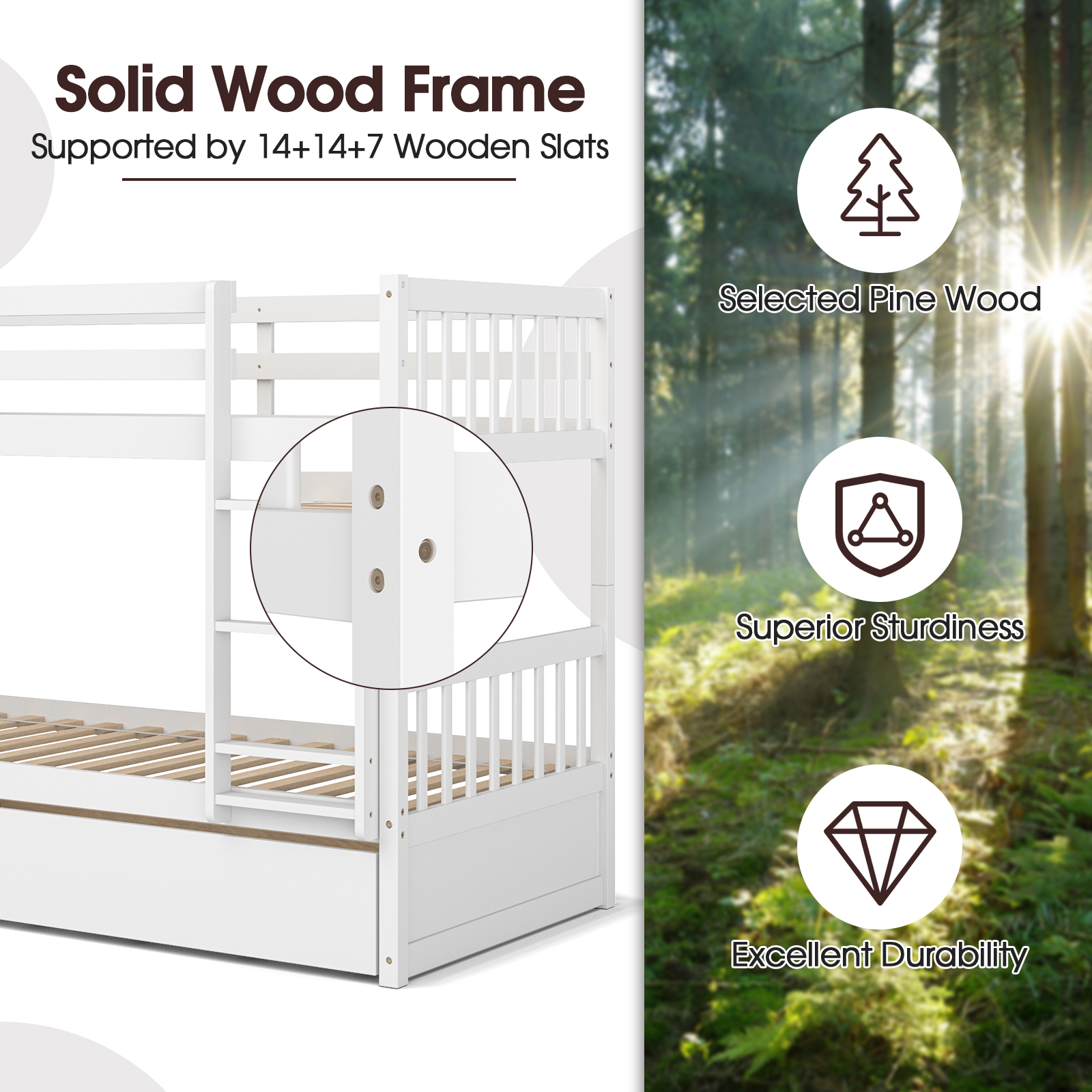 Twin Over Twin Bunk Bed with Twin Trundle Solid Wood Frame