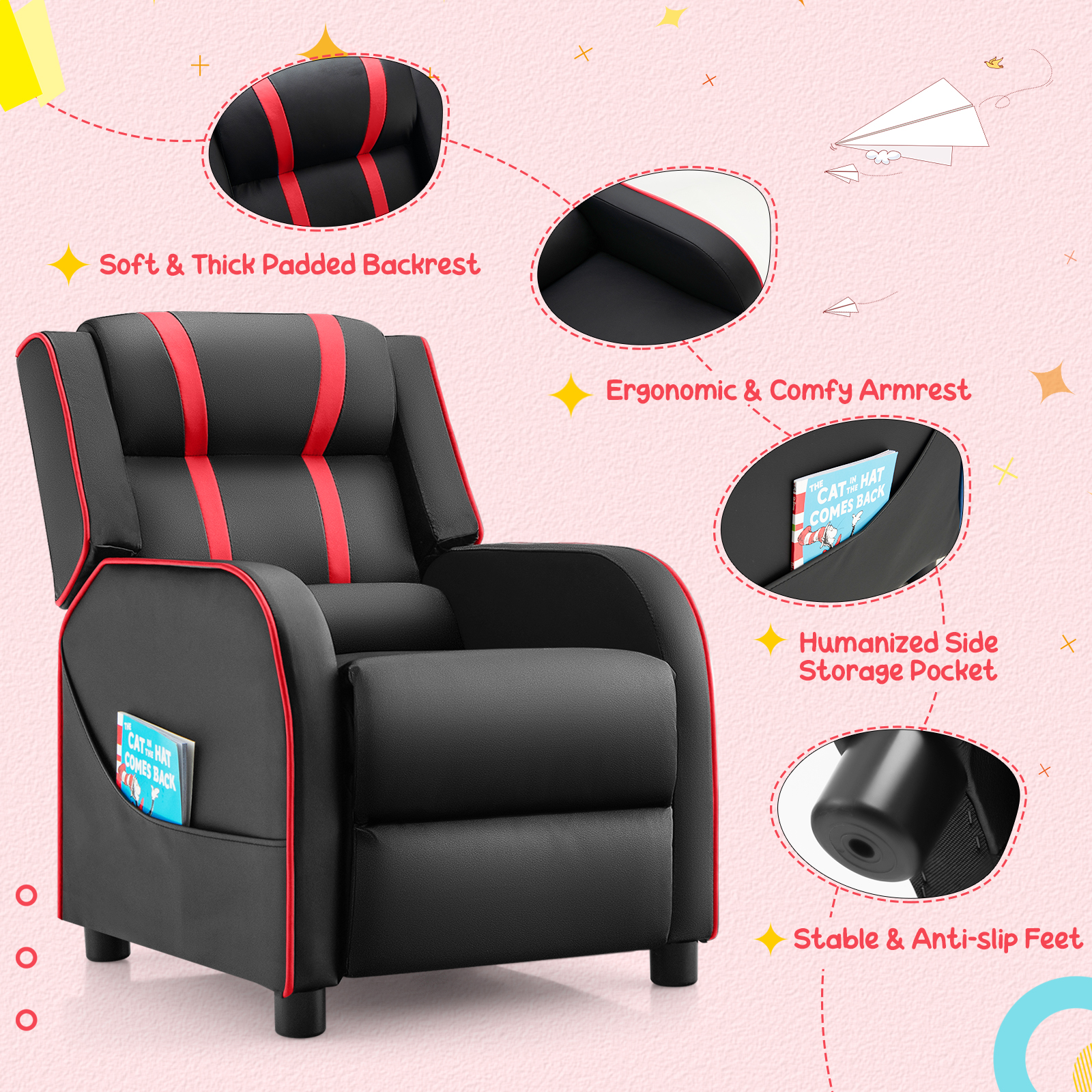 Kids Recliner Chair with Side Pockets Toddler Ergonomic PU Leather Sofa Couch