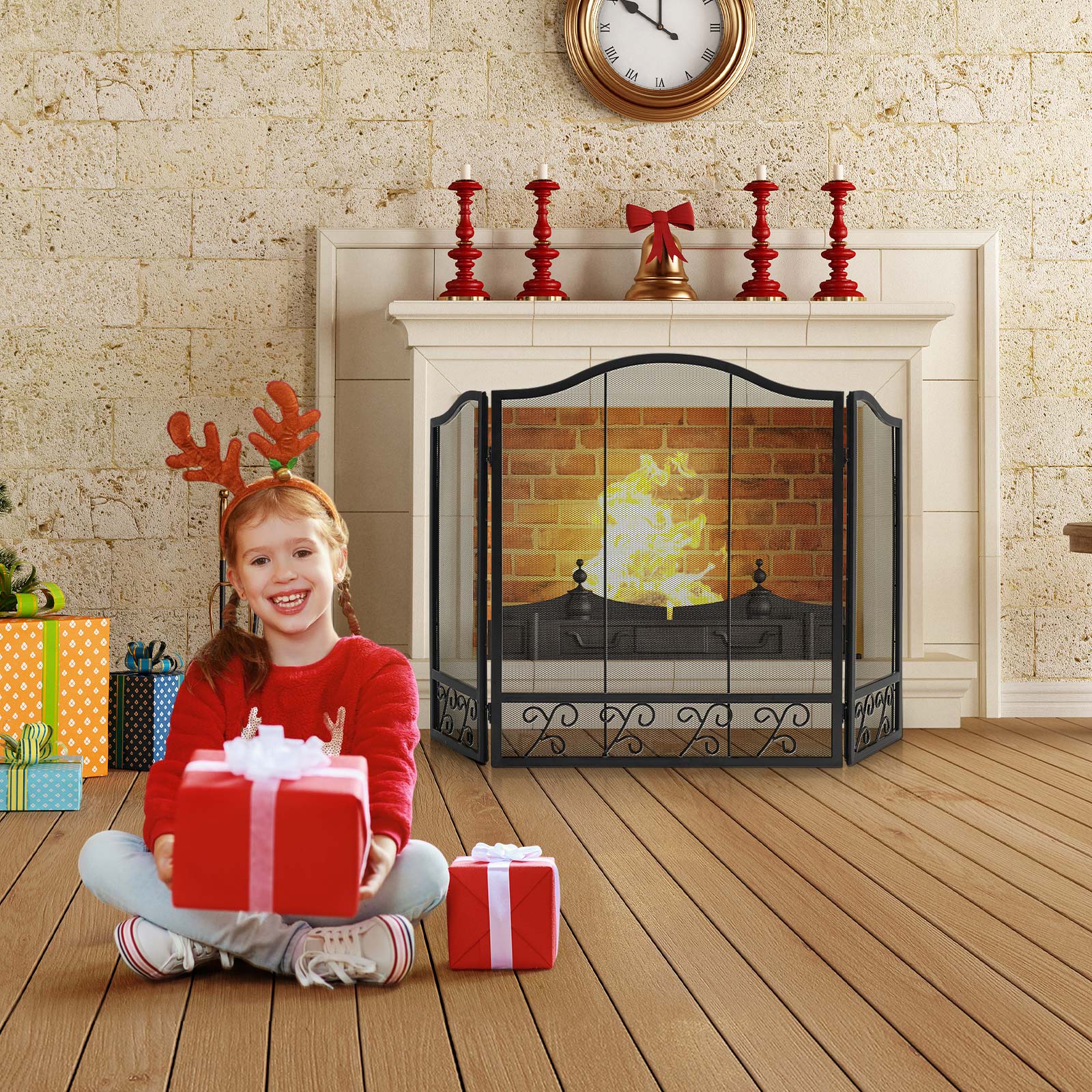 3-Panel Folding Fireplace Screen Decor for Protecting Babies & Pets from Fire - Picture 3 of 9