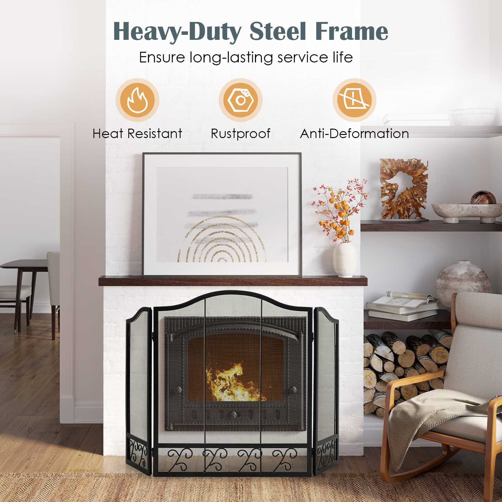 3-Panel Folding Fireplace Screen Decor for Protecting Babies & Pets from Fire - Picture 4 of 9