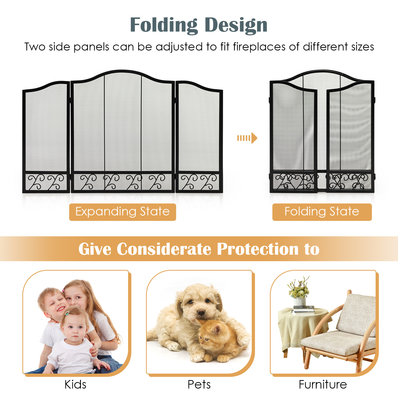 3-Panel Folding Fireplace Screen Decor for Protecting Babies & Pets from Fire - Picture 6 of 9