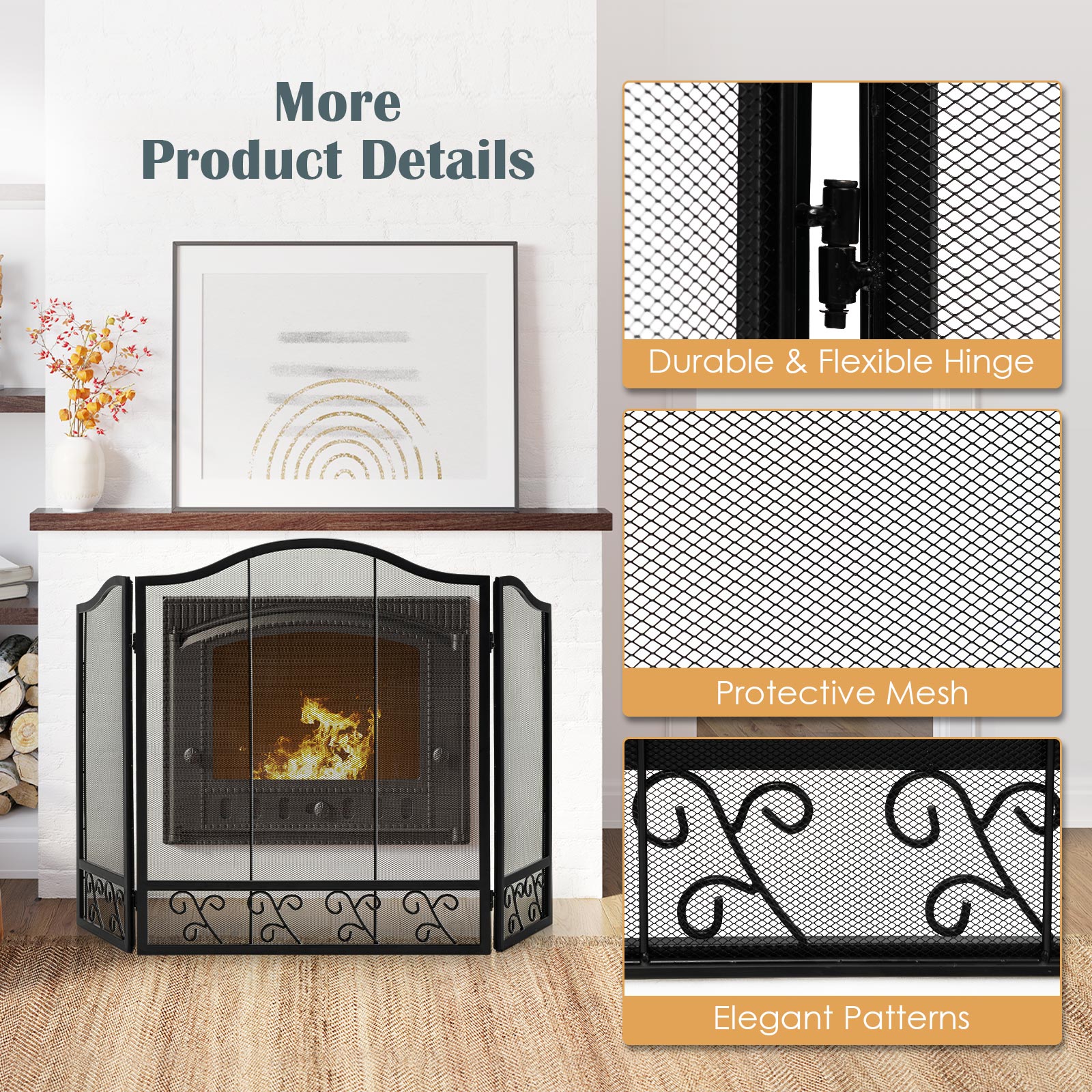 3-Panel Folding Fireplace Screen Decor for Protecting Babies & Pets from Fire - Picture 7 of 9