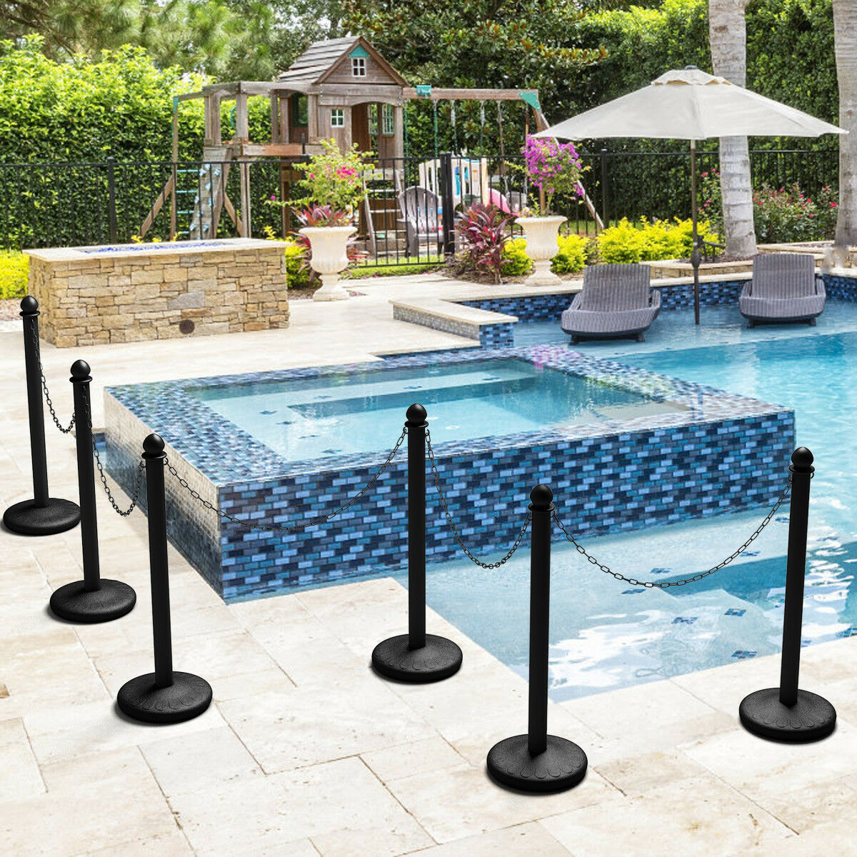 6Pcs Set Plastic Stanchion 39.5/'/' Chain C-Hooks Fillable Base Crowd Control