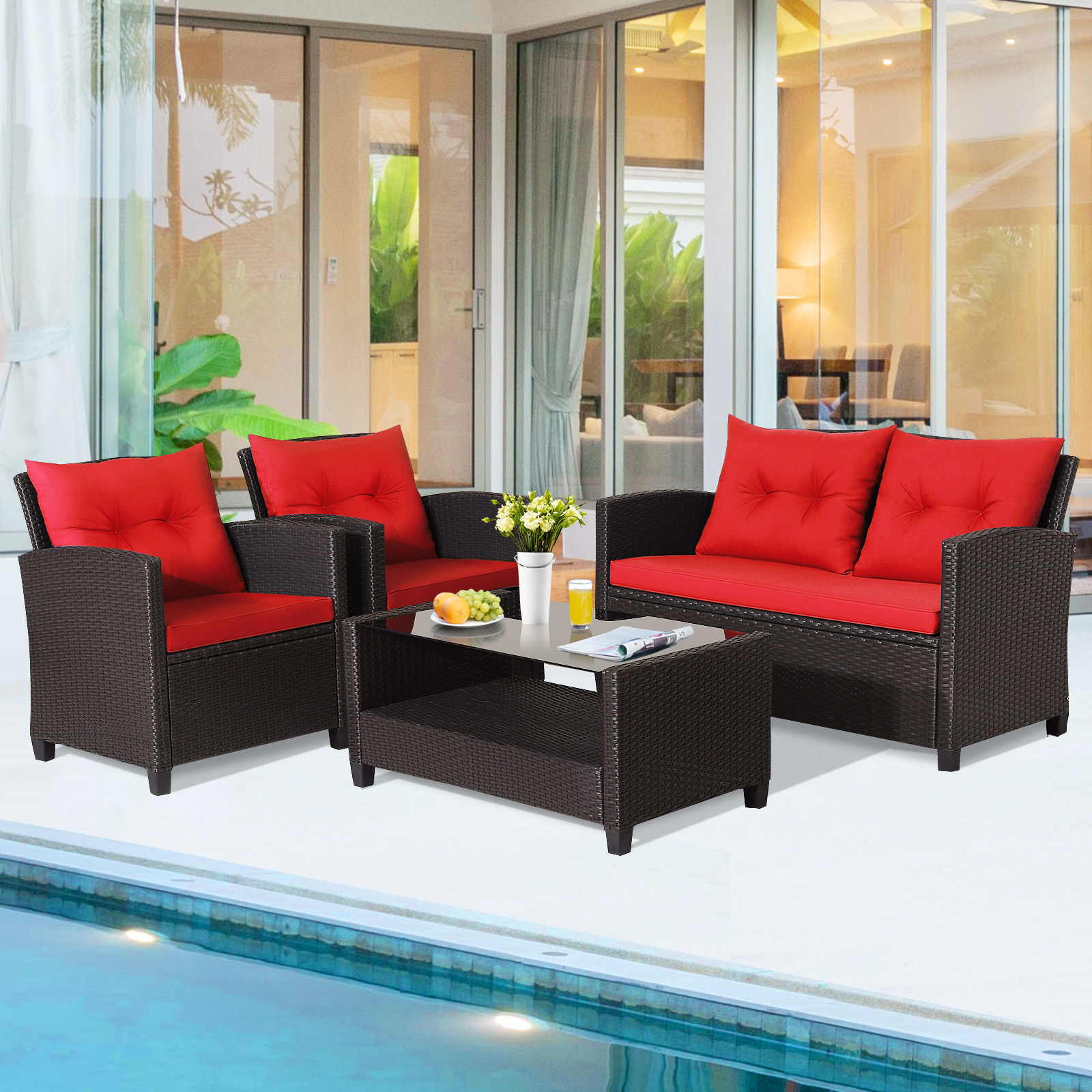 4 PCS Patio Rattan Furniture Set w/ Coffee Table & Loveseat & 2 Single Sofas - Picture 9 of 24