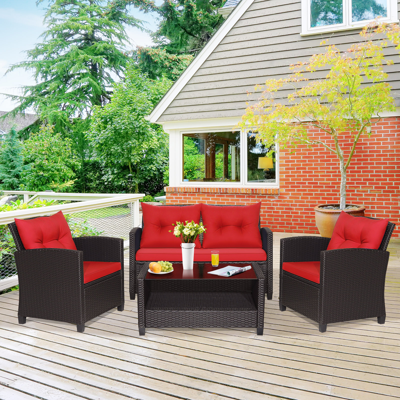 4 PCS Patio Rattan Furniture Set w/ Coffee Table & Loveseat & 2 Single Sofas - Picture 11 of 24