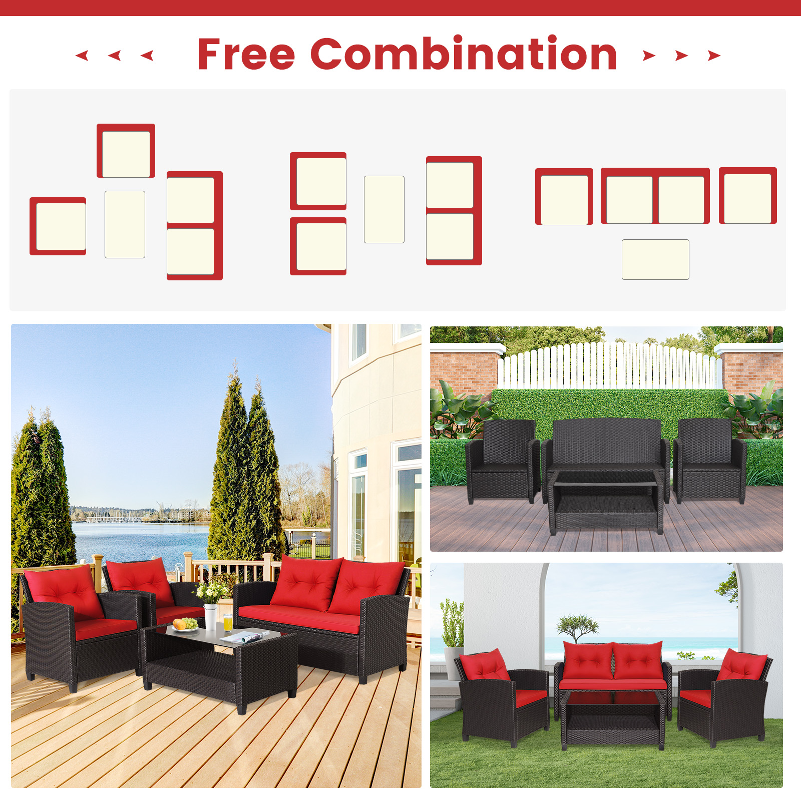 4 PCS Patio Rattan Furniture Set w/ Coffee Table & Loveseat & 2 Single Sofas - Picture 13 of 24