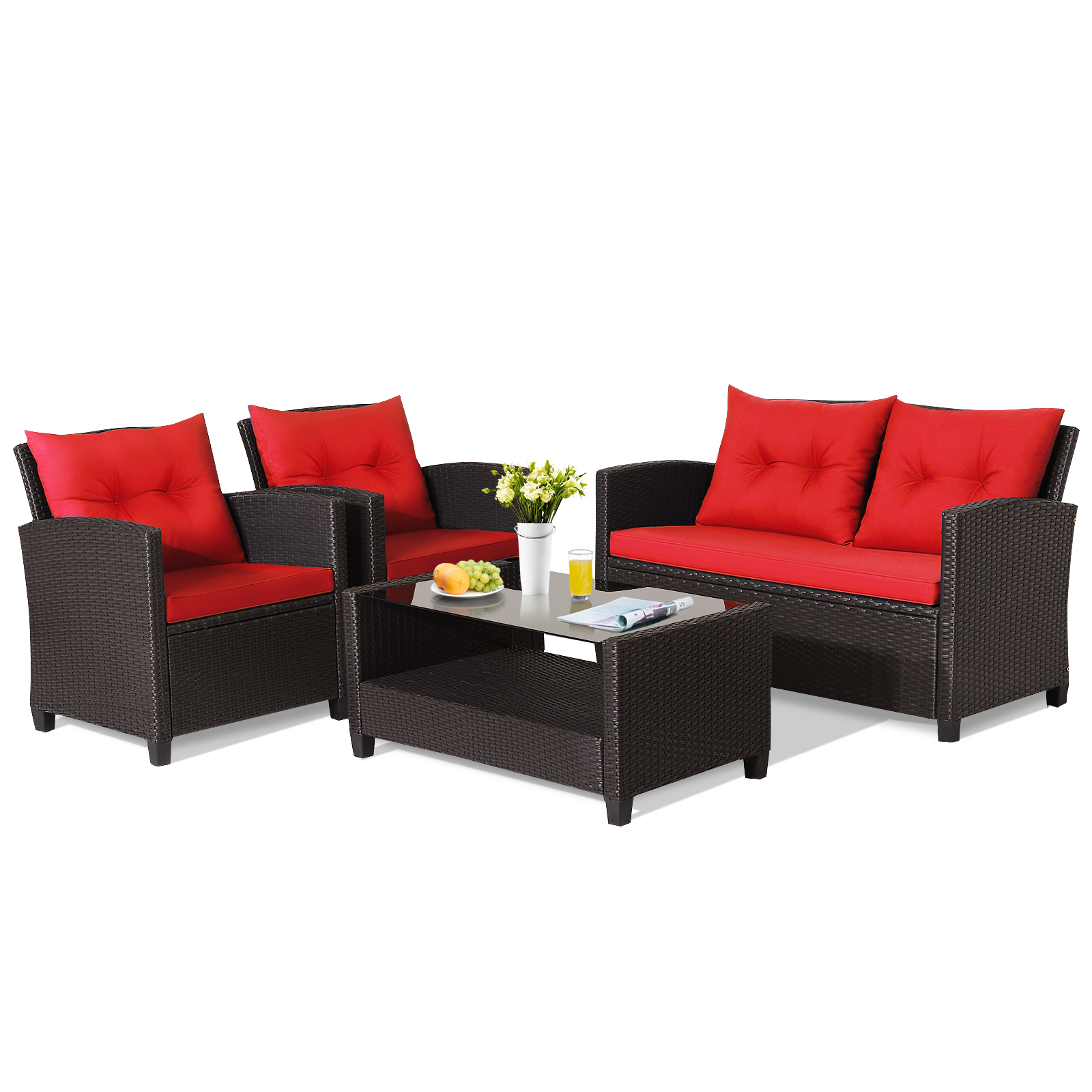 4 PCS Patio Rattan Furniture Set w/ Coffee Table & Loveseat & 2 Single Sofas - Picture 15 of 24