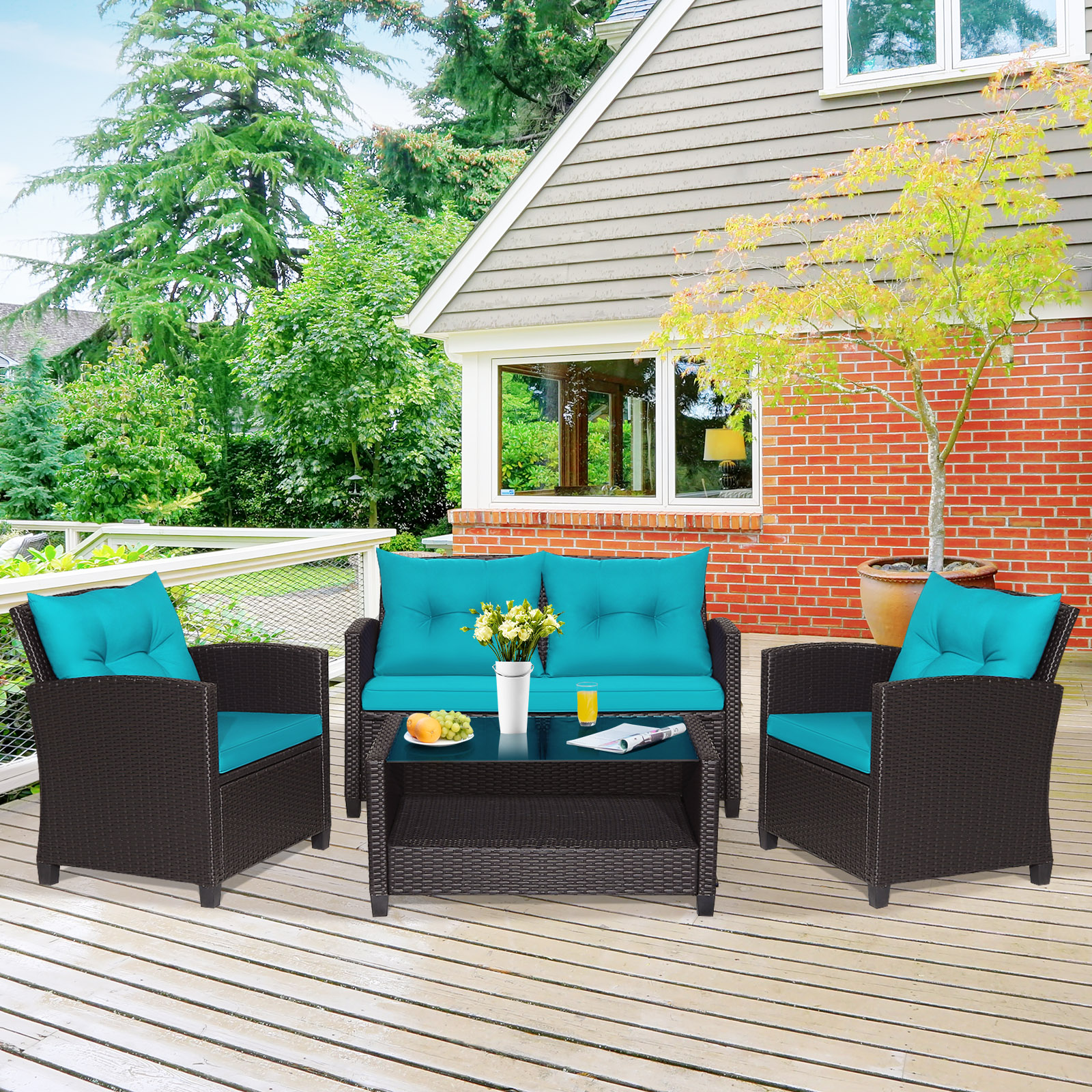 4 PCS Patio Rattan Furniture Set w/ Coffee Table & Loveseat & 2 Single Sofas - Picture 19 of 24
