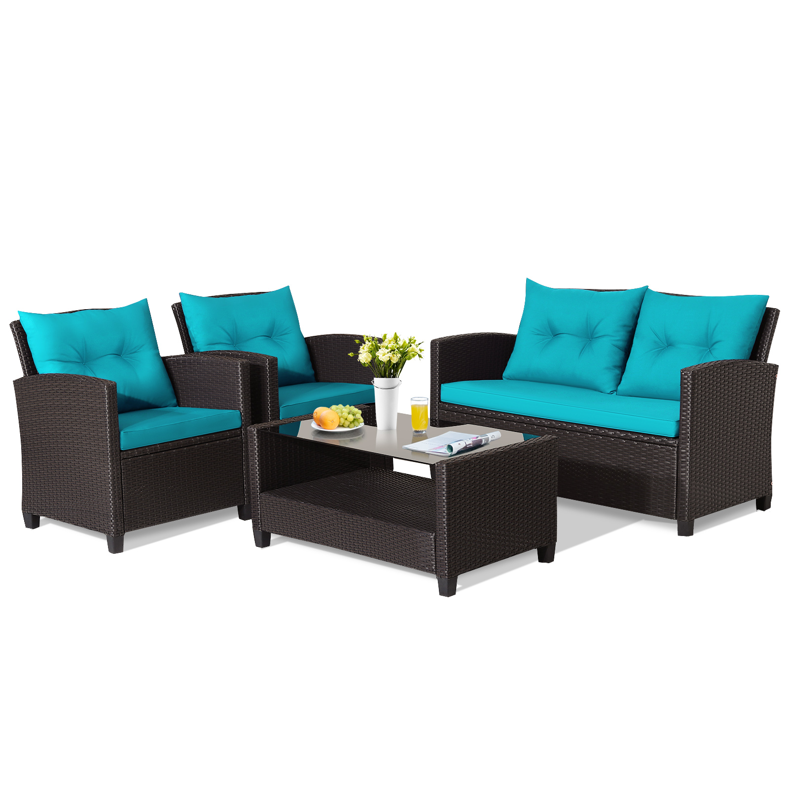 4 PCS Patio Rattan Furniture Set w/ Coffee Table & Loveseat & 2 Single Sofas - Picture 23 of 24