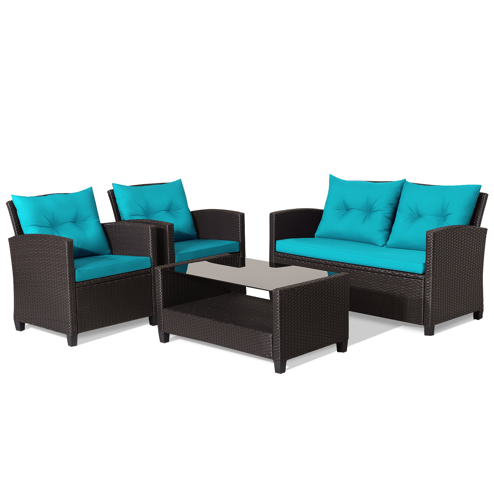 4 PCS Patio Rattan Furniture Set w/ Coffee Table & Loveseat & 2 Single Sofas - Picture 24 of 24