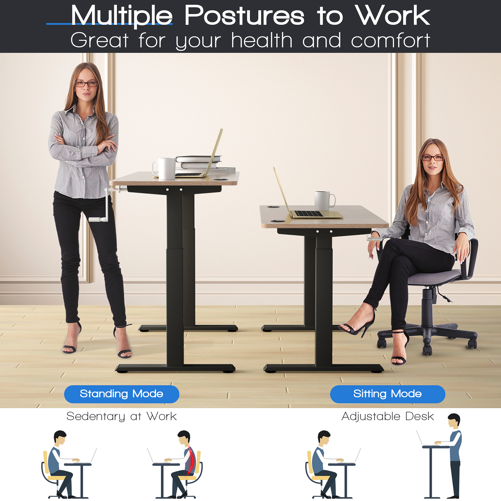 Costway Hand Crank Sit to Stand Desk Frame Adjustable Height Standing Base - Picture 18 of 33