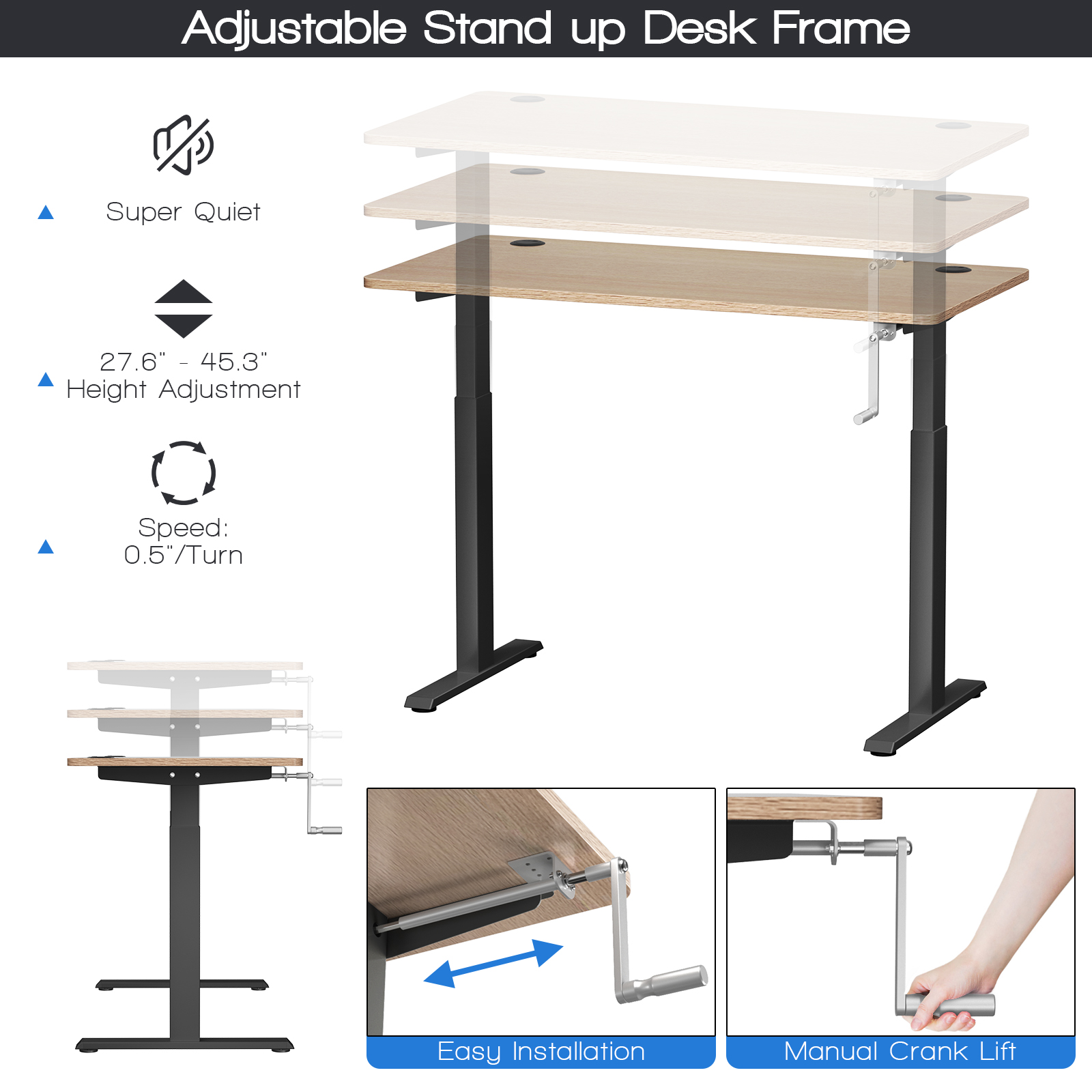Costway Hand Crank Sit to Stand Desk Frame Adjustable Height Standing Base - Picture 19 of 33