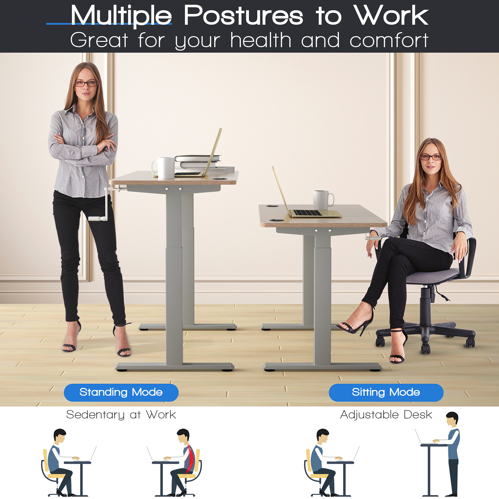 Costway Hand Crank Sit to Stand Desk Frame Adjustable Height Standing Base - Picture 7 of 33