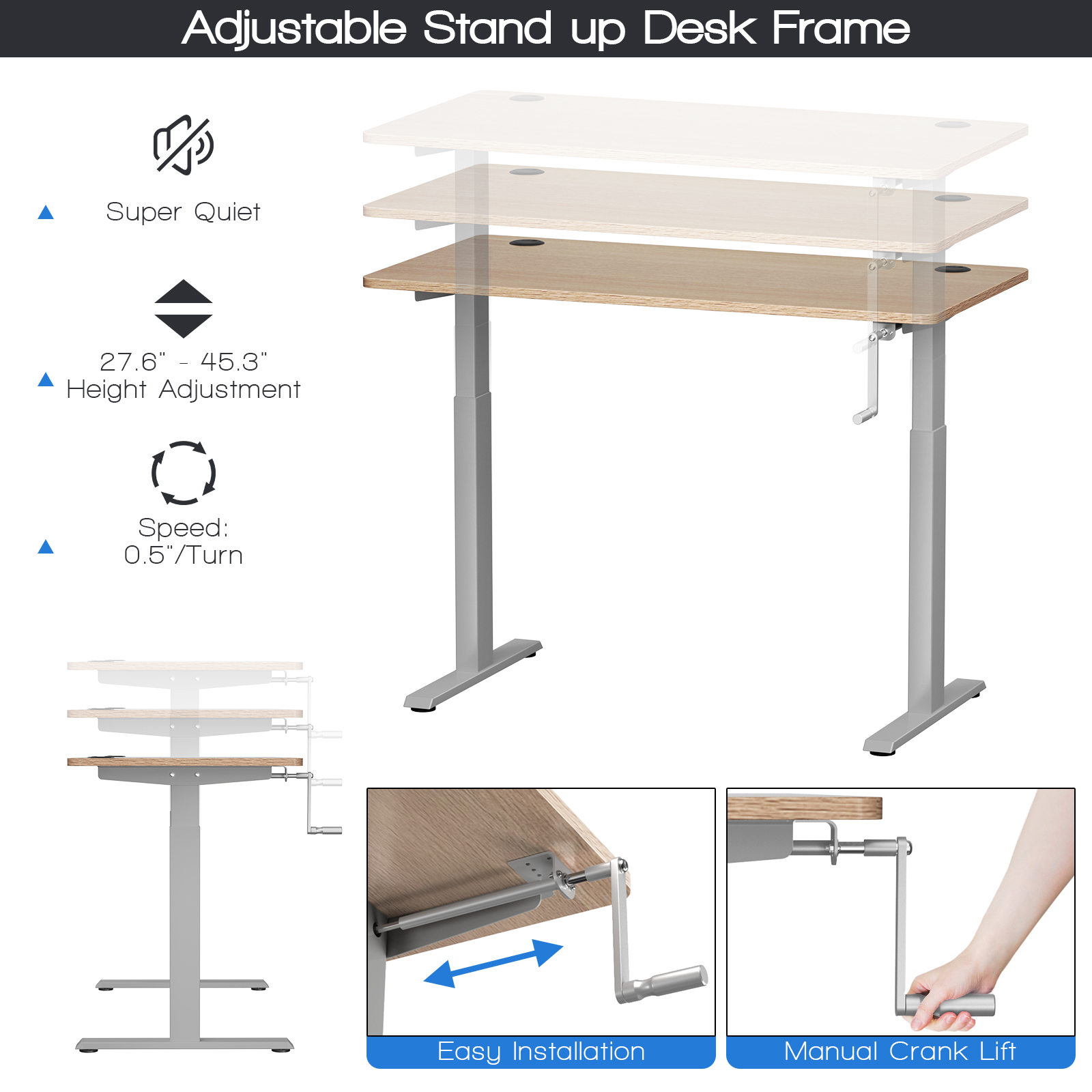 Costway Hand Crank Sit to Stand Desk Frame Adjustable Height Standing Base - Picture 8 of 33