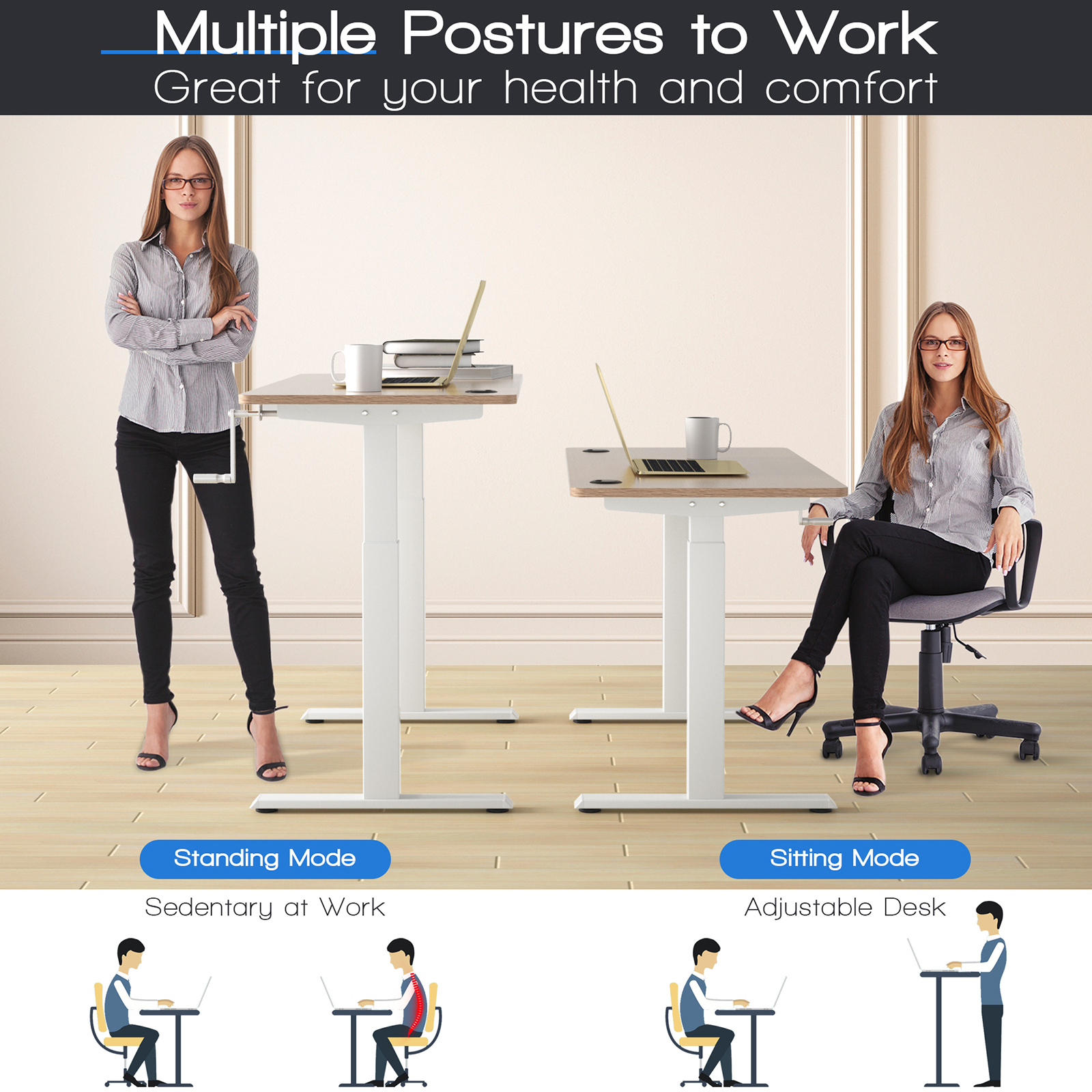 Costway Hand Crank Sit to Stand Desk Frame Adjustable Height Standing Base - Picture 29 of 33