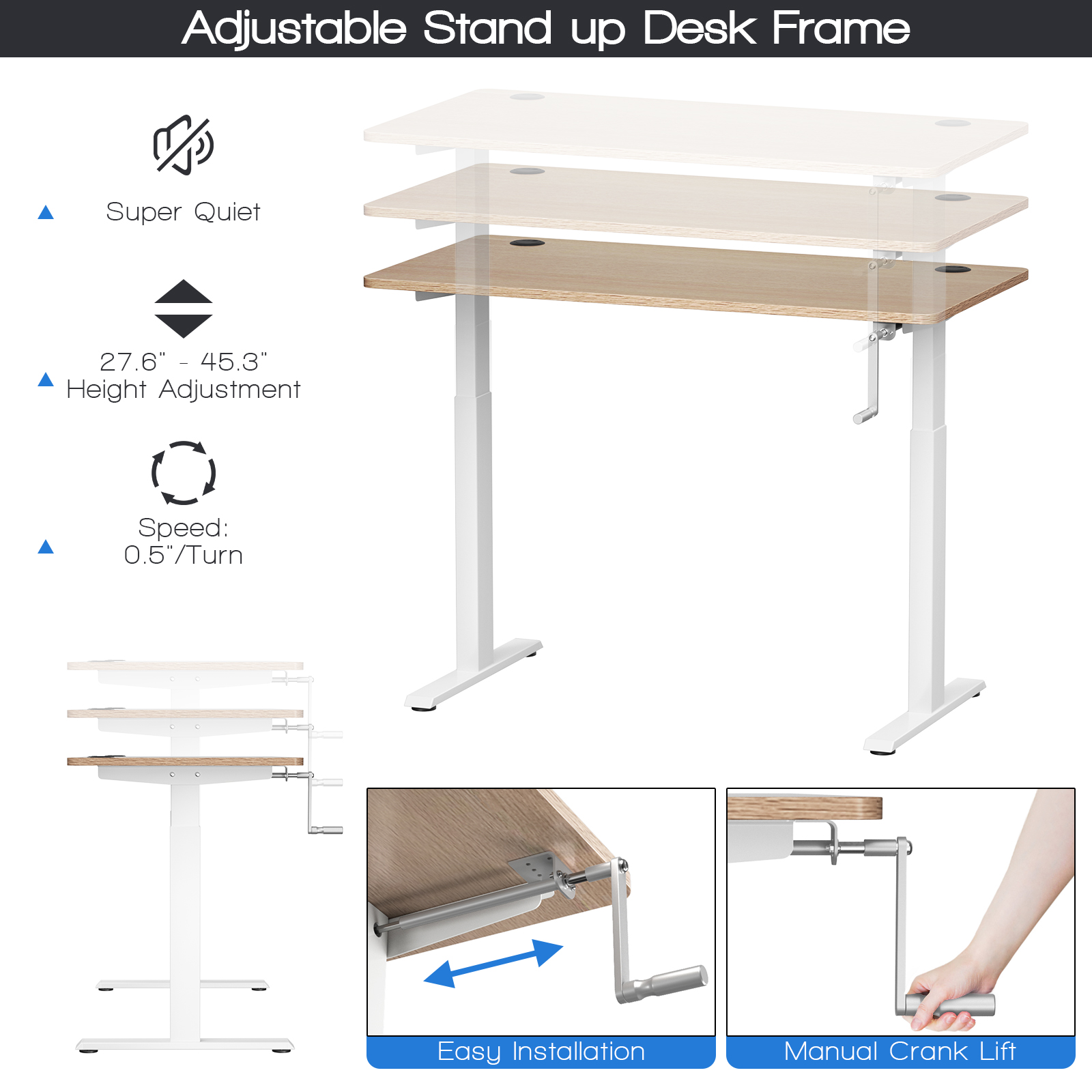 Costway Hand Crank Sit to Stand Desk Frame Adjustable Height Standing Base - Picture 30 of 33